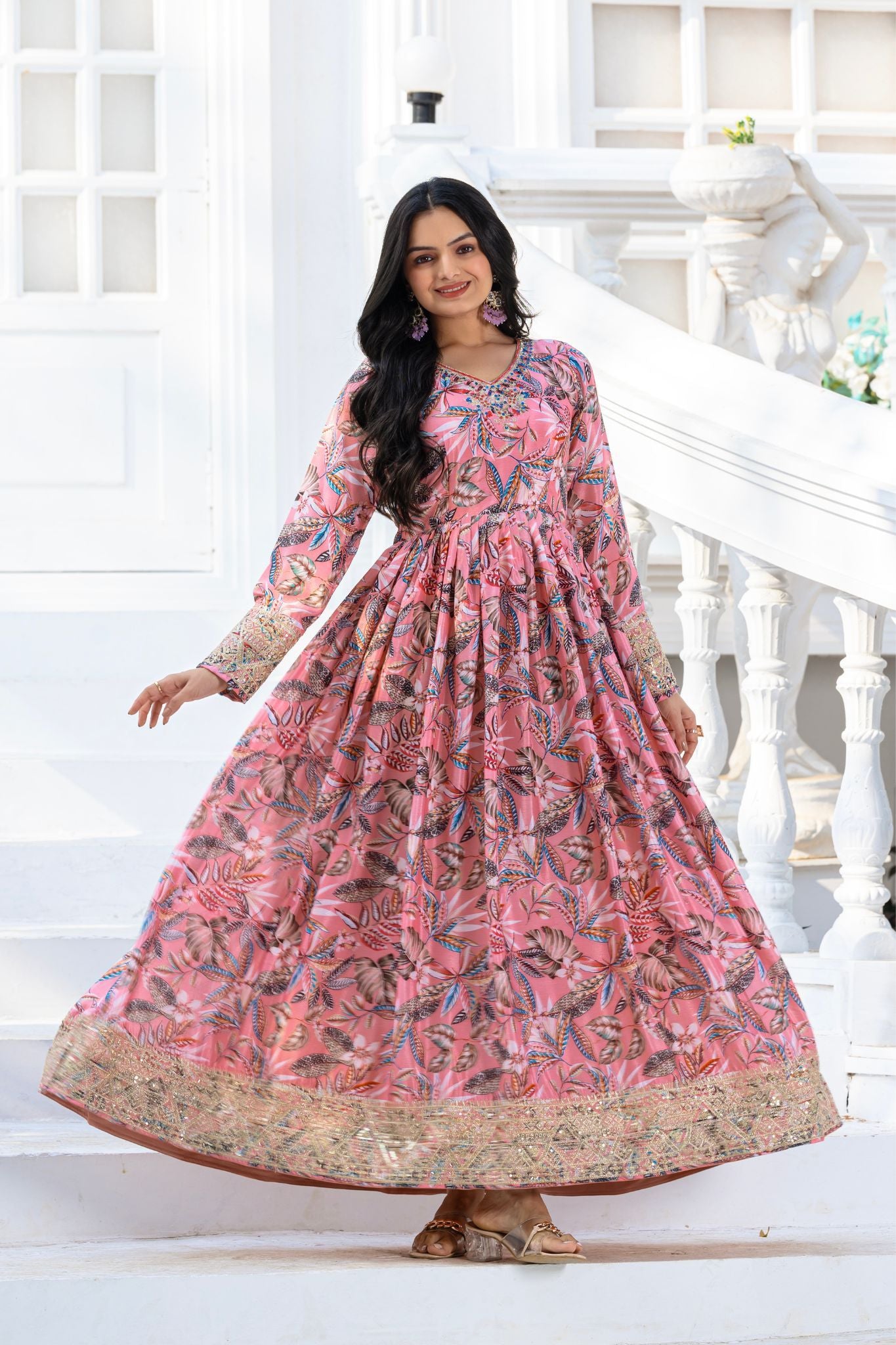 Floral Printed Stunning Embroidered Anarkali Dress