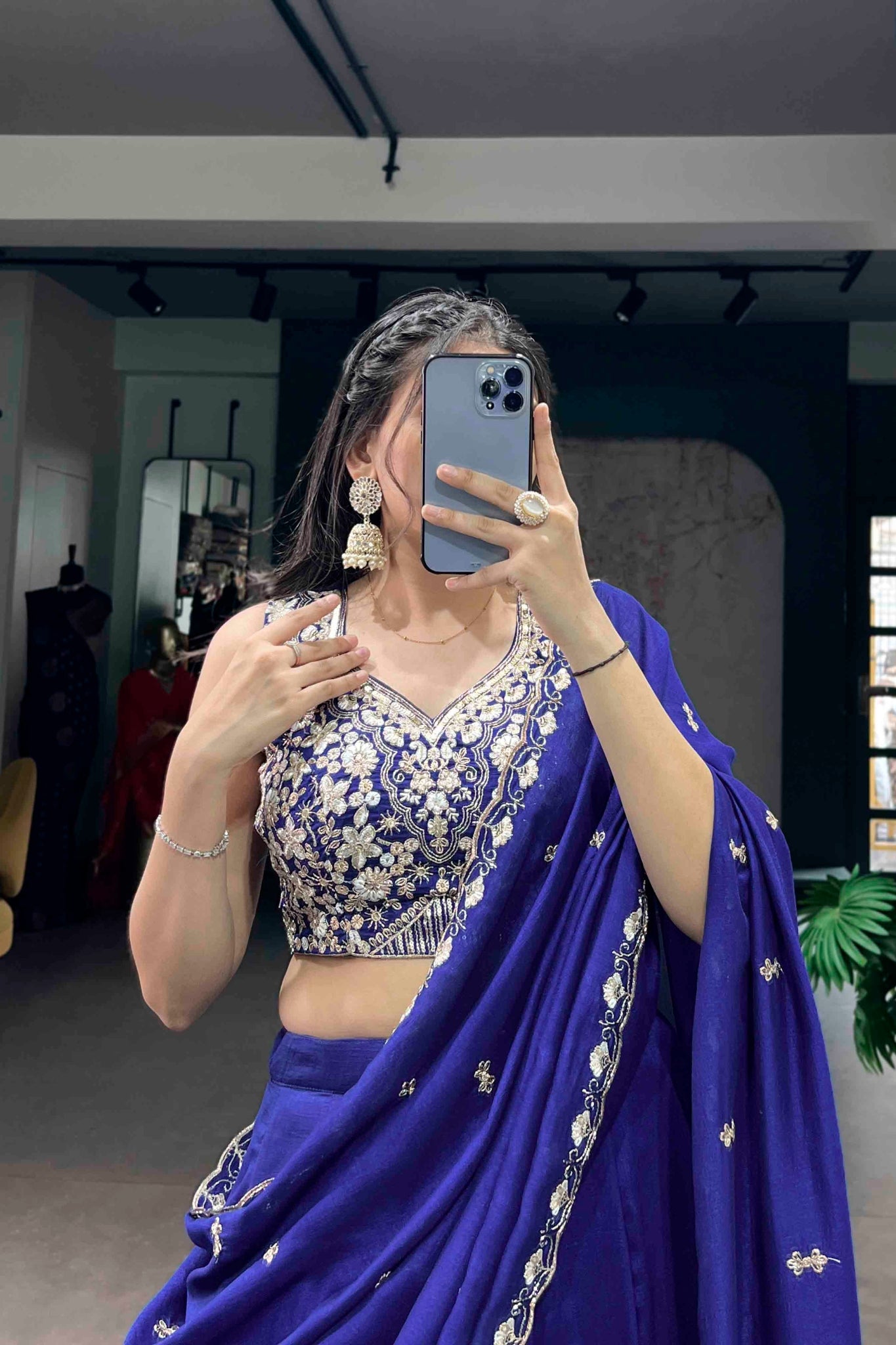 Royal Blue Kashmiri Lehenga Set With Heavy Embroidered Blouse And Dupatta