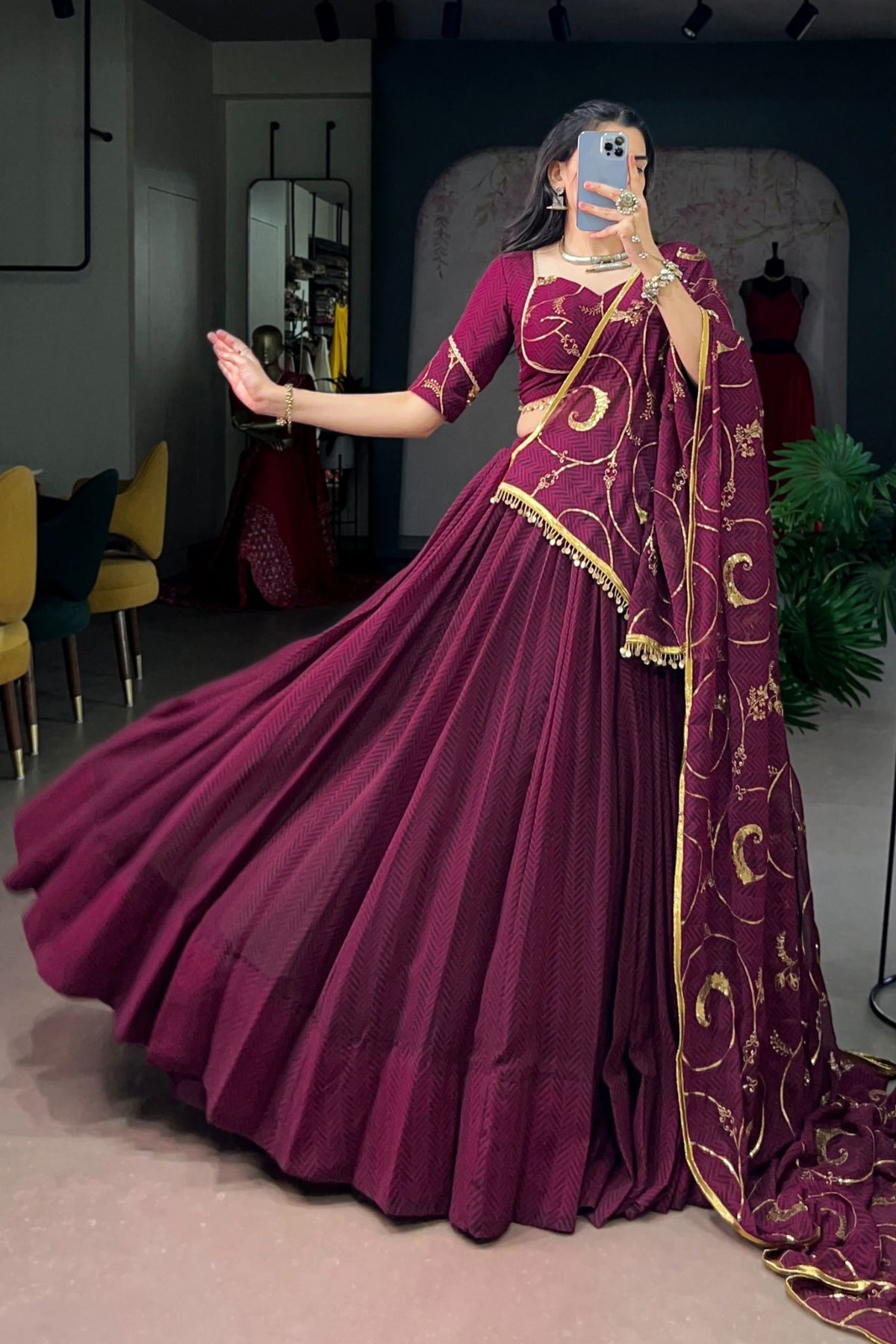 Wine Lightweight Designer Sequins Thread Embroidery Work Garba Lehenga Choli