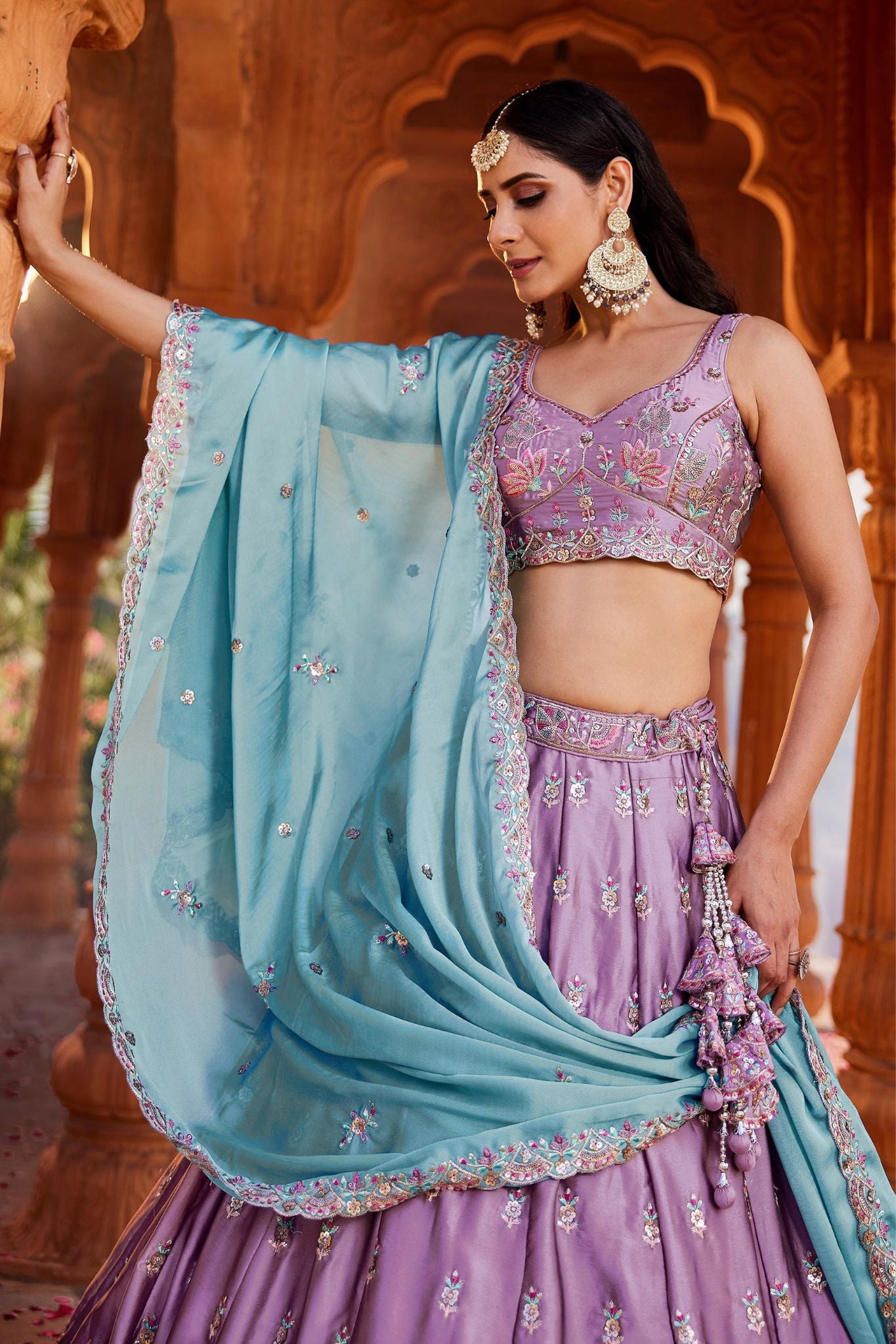 Lavender Rangoli Silk Designer Lehenga Choli With Aqua Blue Embroidered Dupatta