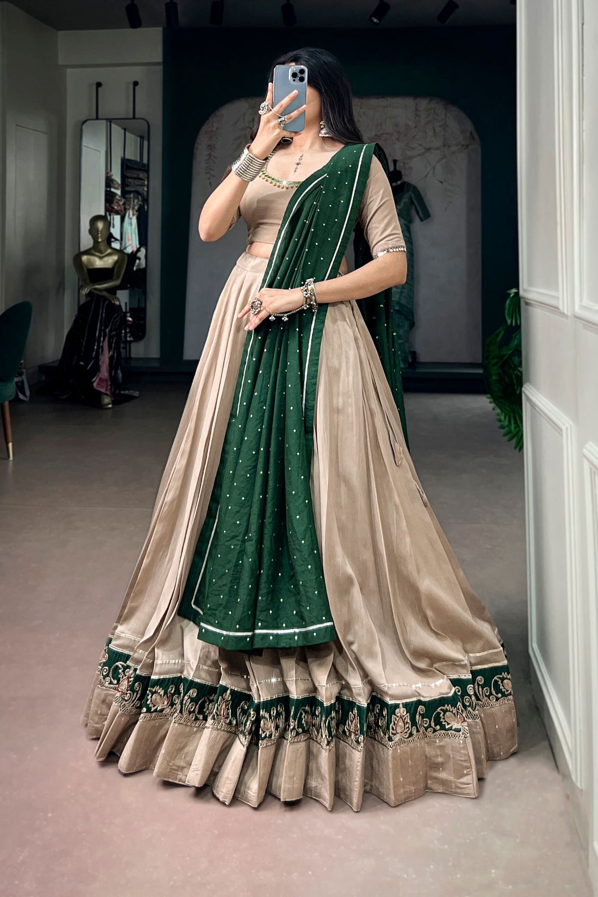 Raasrang Beige Chanderi Designer Navratri Lehenga Choli For Women