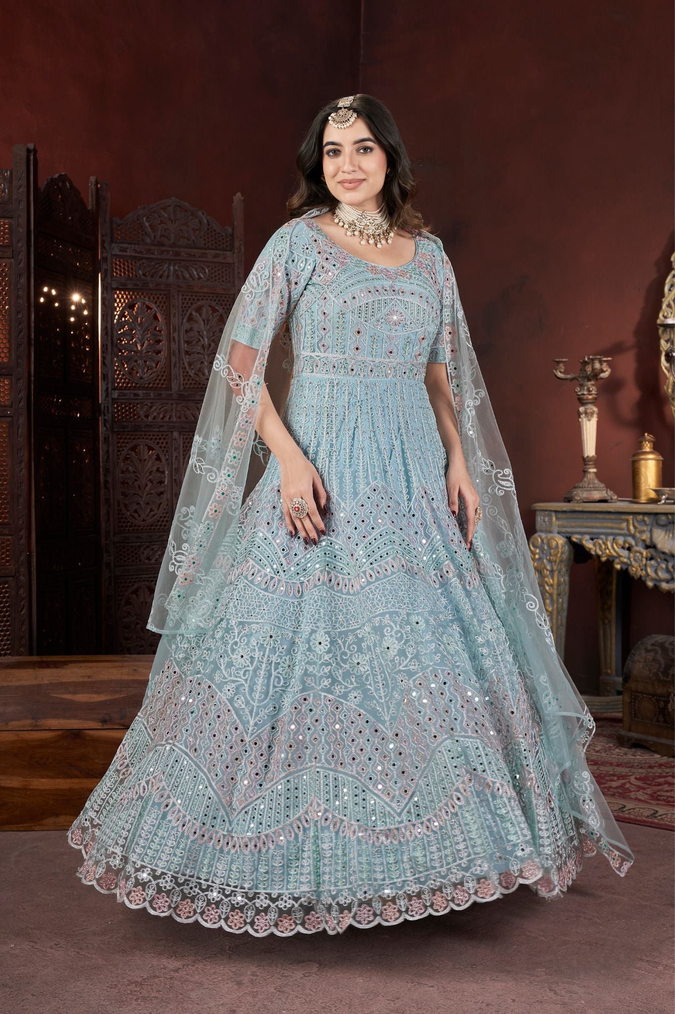 Sky Blue Sparkle Thread Embroidery With Zarkan And Mirror Work Gown