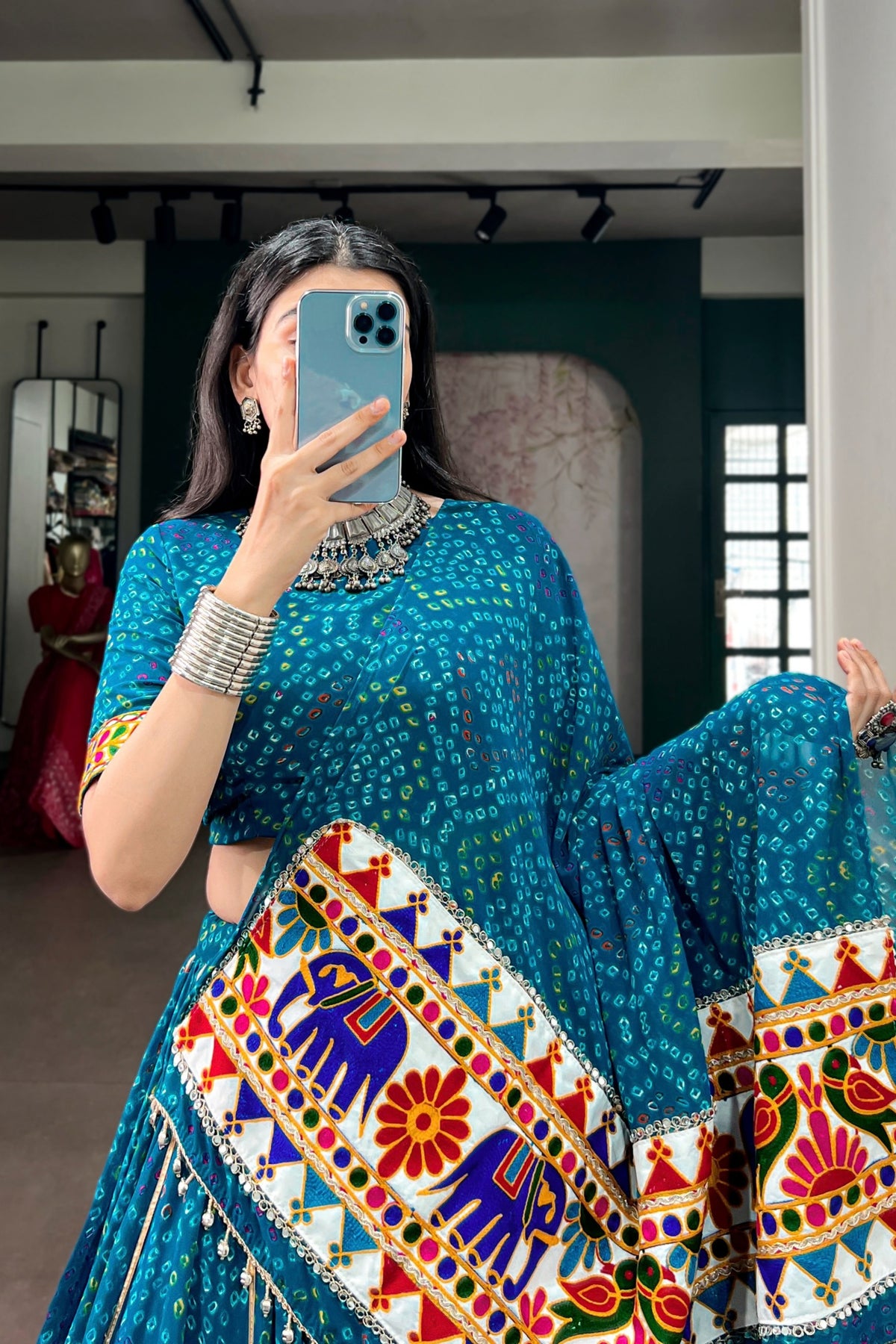 Designer Navratri Lehenga Choli In Bandhej Print Georgette With Gamthi Work Dupatta