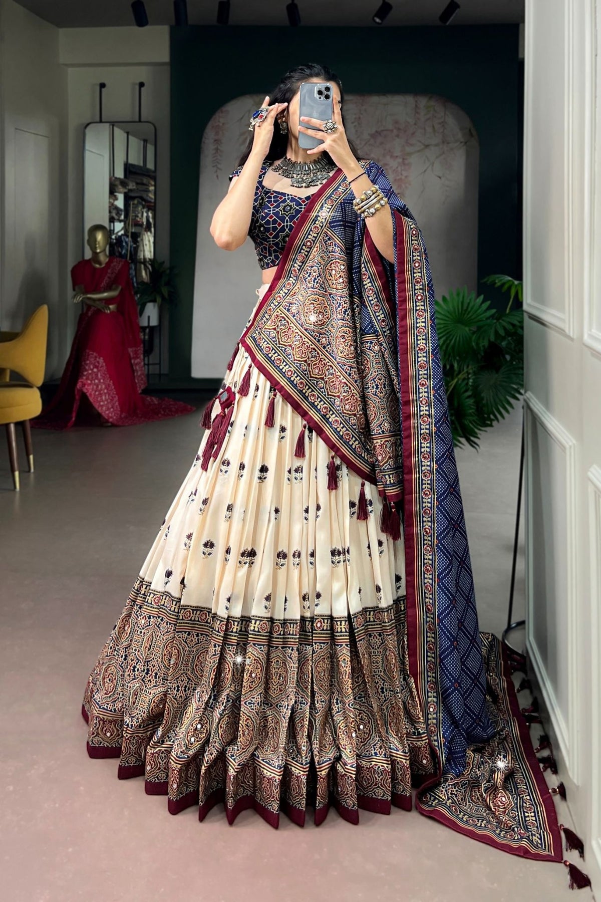 Designer Tasar Silk Ajrak Print Navratri Lehenga Choli