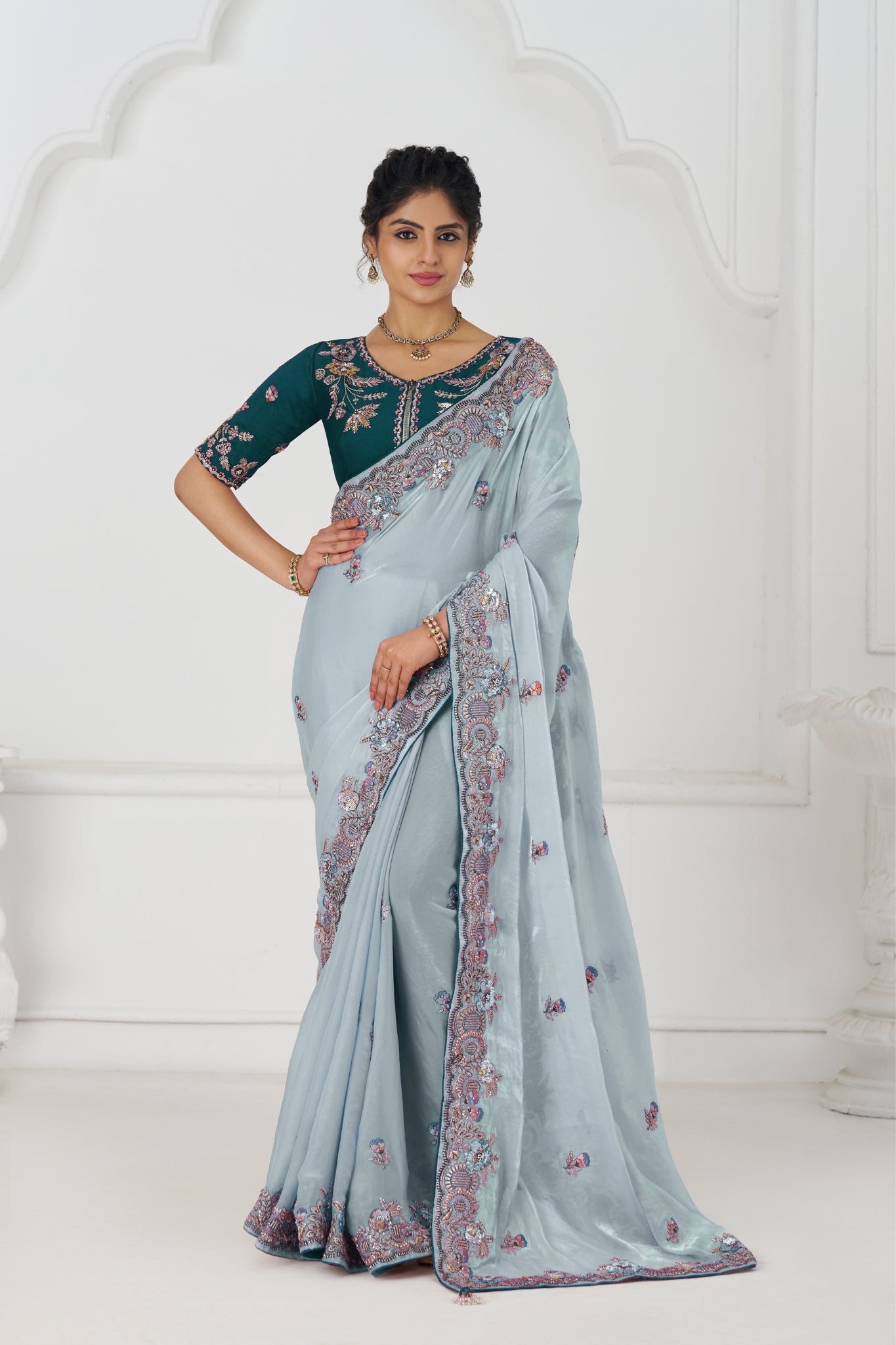 Stunning Wedding Designer Grey Pure Fendi Silk Saree
