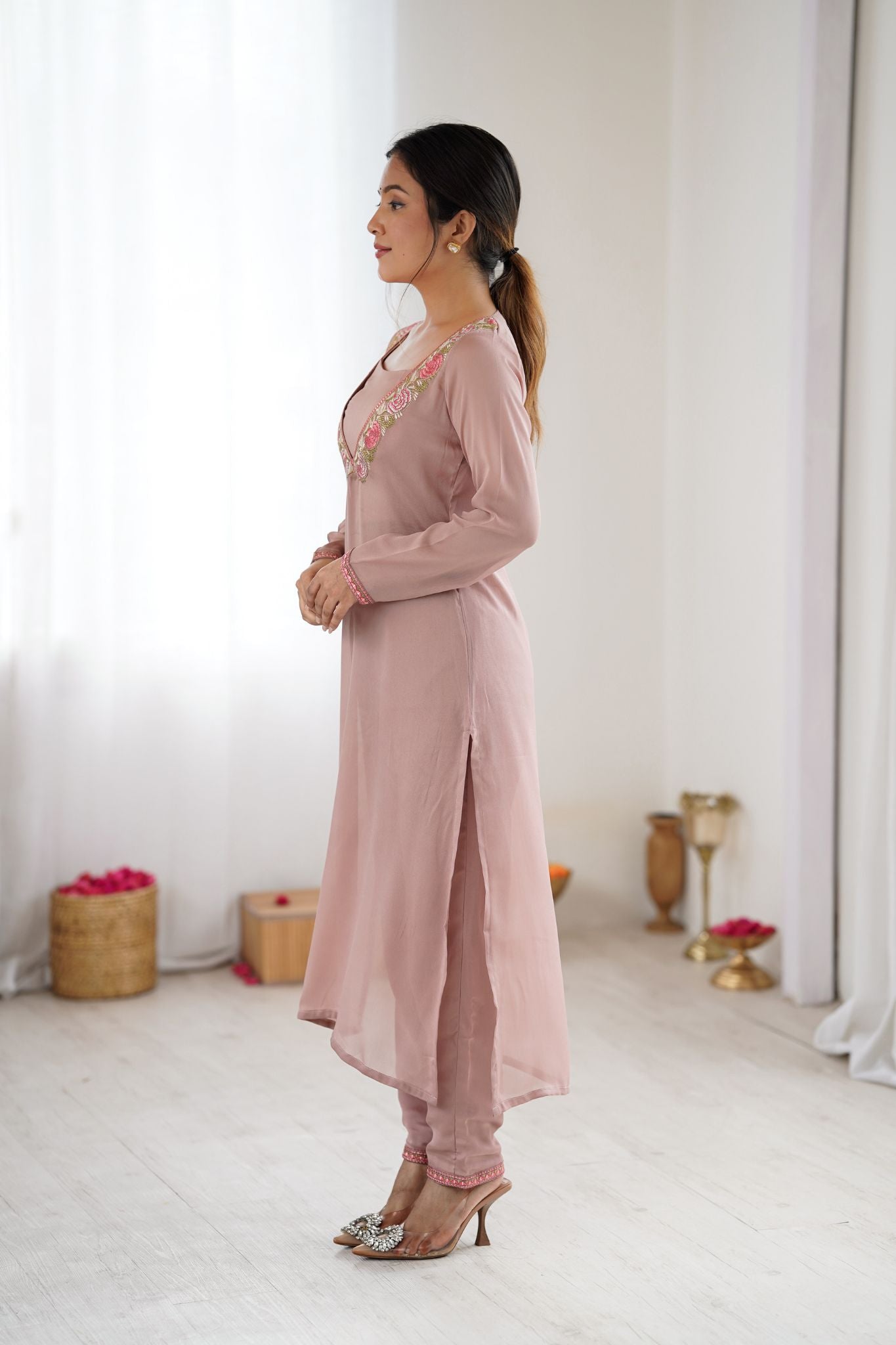 Dusty Rose Floral Embroidered Designer 3 Piece Co-Ord Set for Women