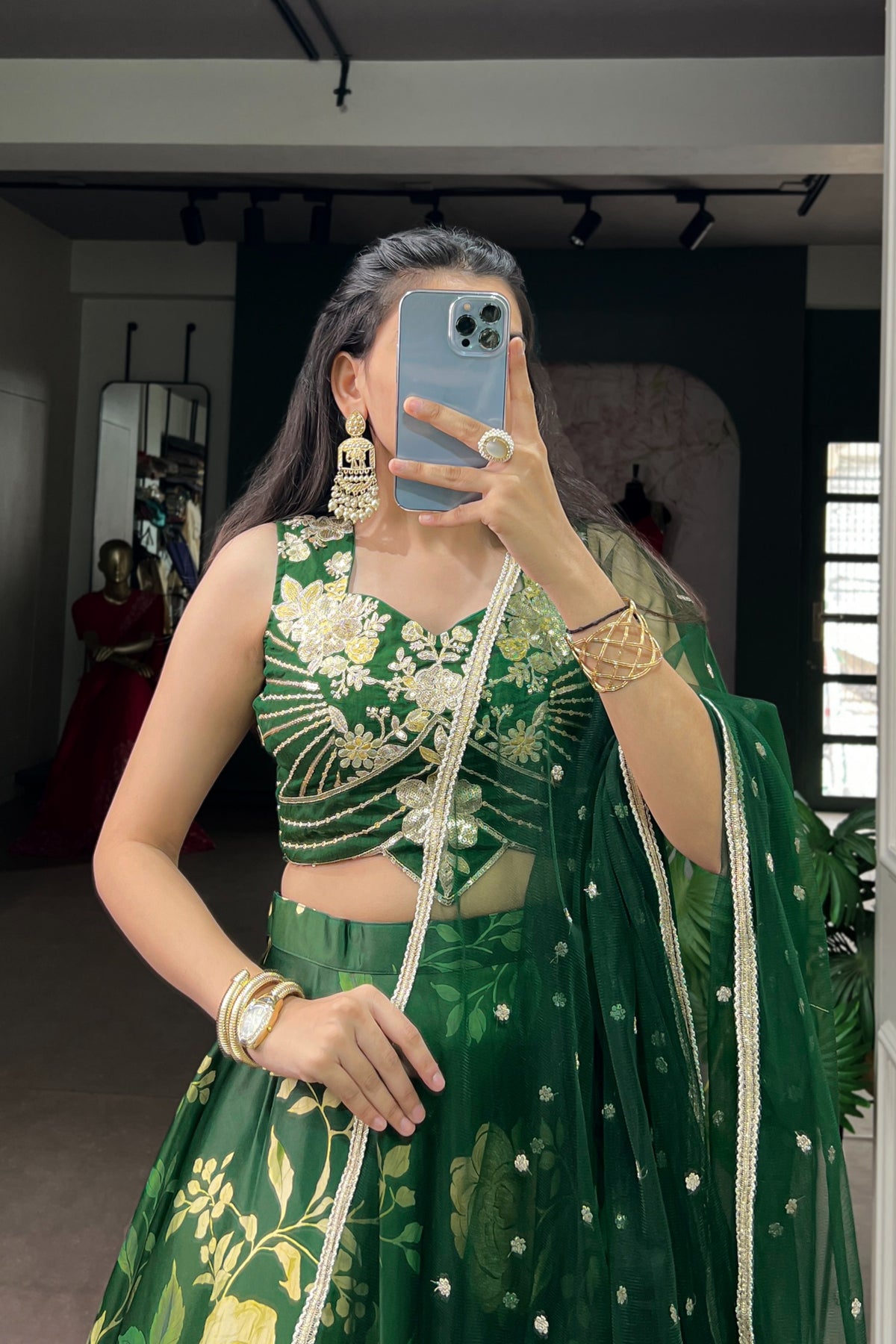 Green Satin Silk Floral Print Designer Embroidered Lehenga Choli