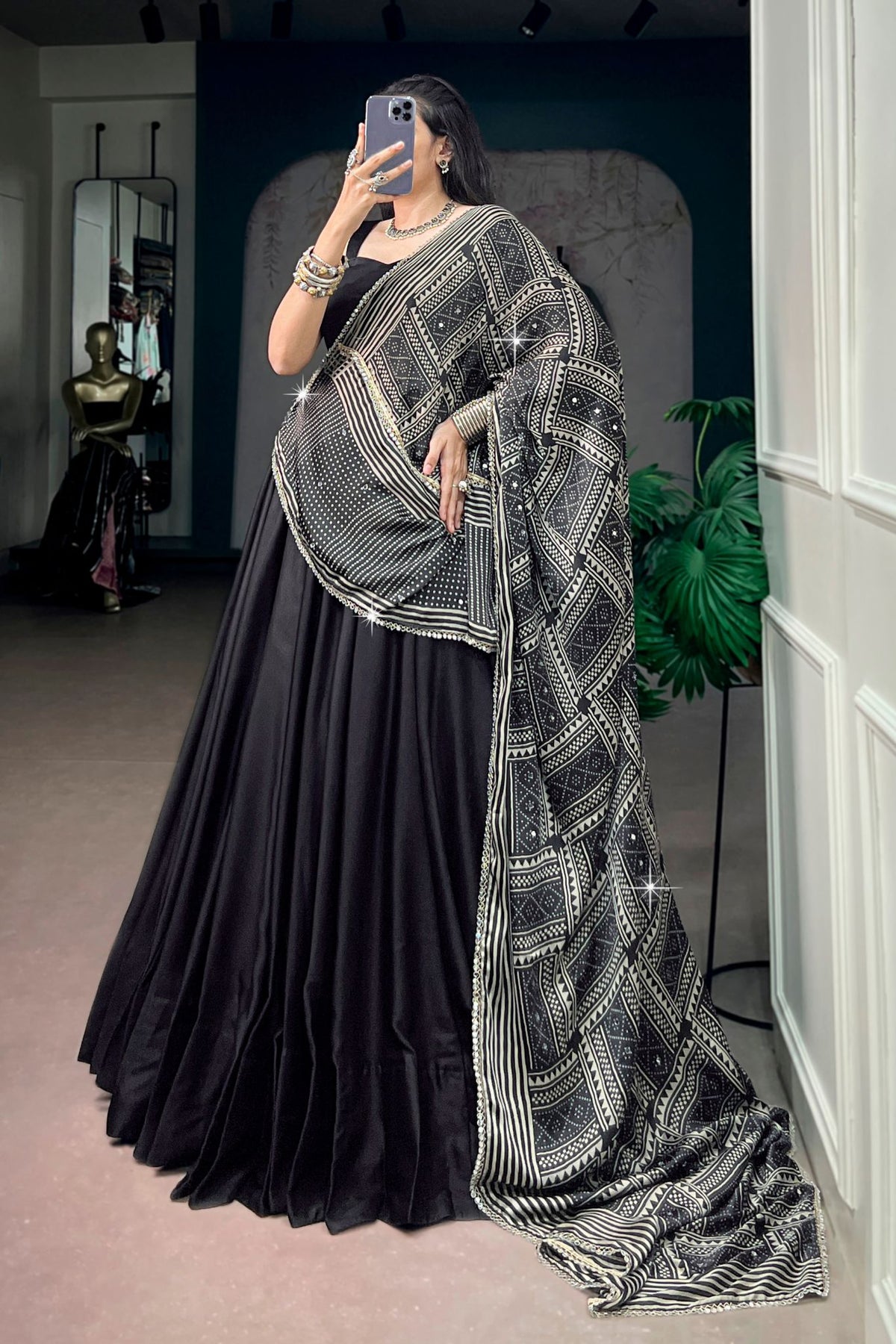 Navy Blue Navratri Designer Lehenga Choli With Printed Satin Dupatta