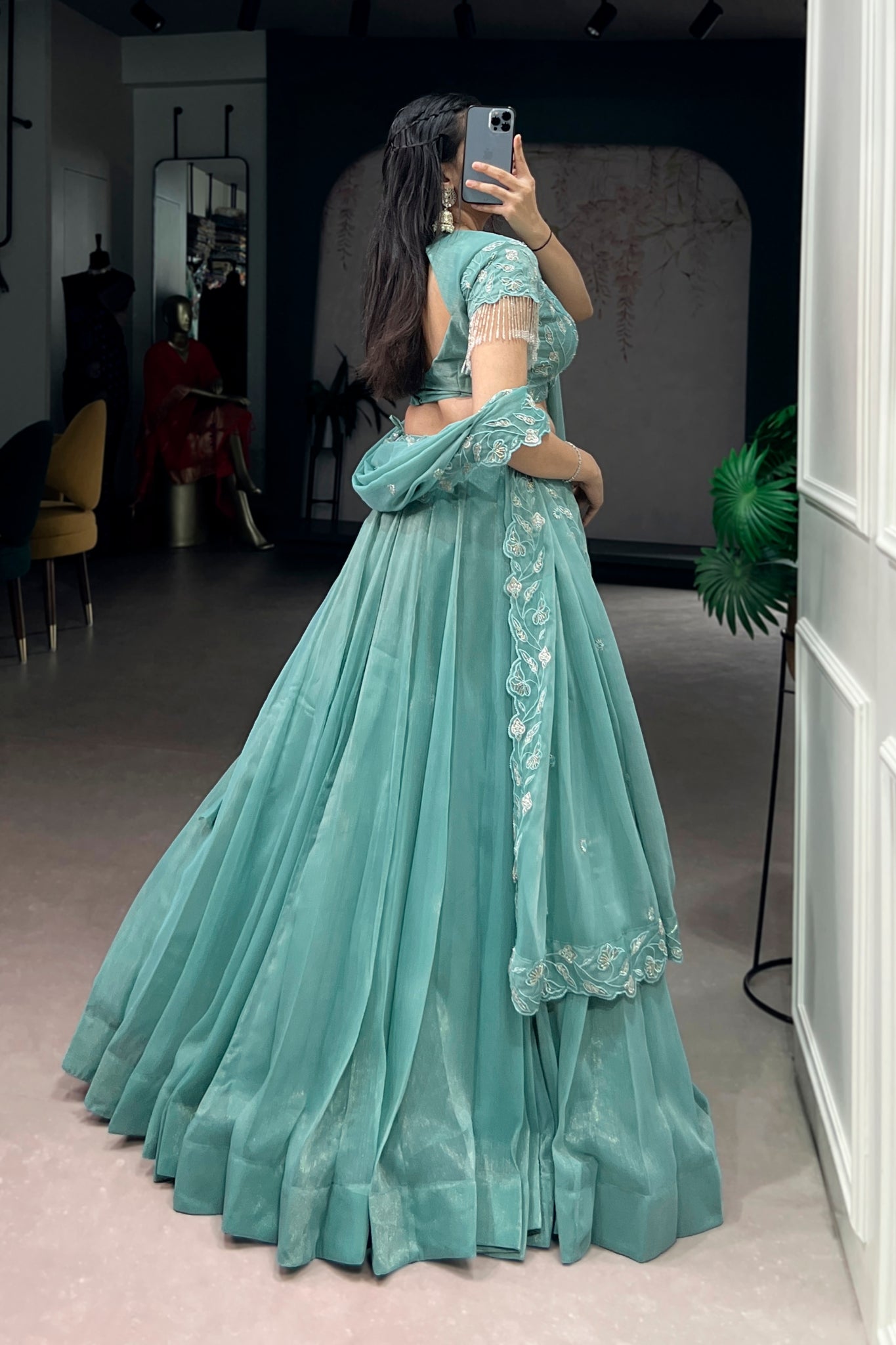 Premium Sea Green Beads With Thread Embroidered Work Lehenga Choli
