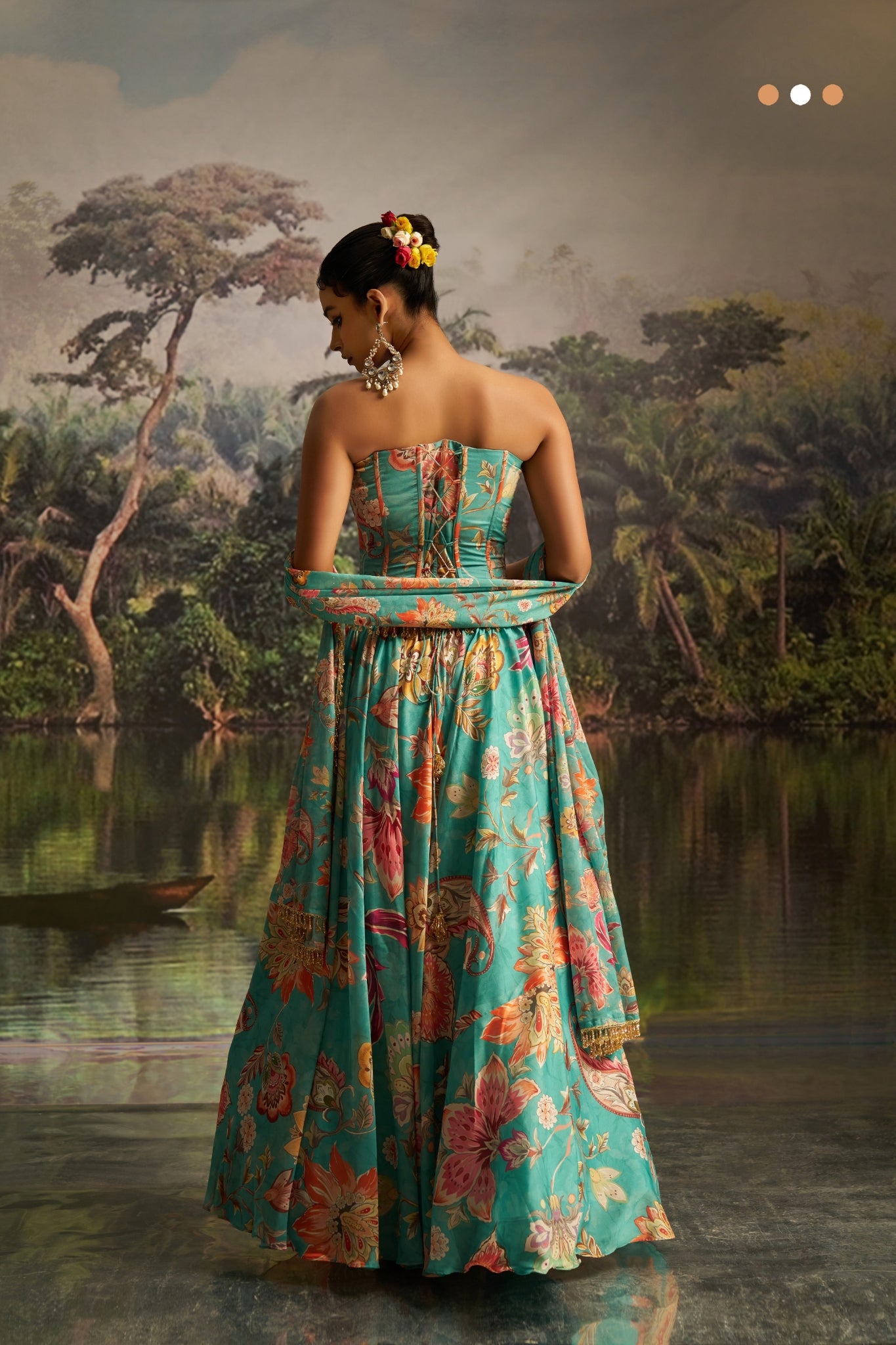 Mint Blue Floral Georgette Lehenga Set With Handwork And Corset Blouse