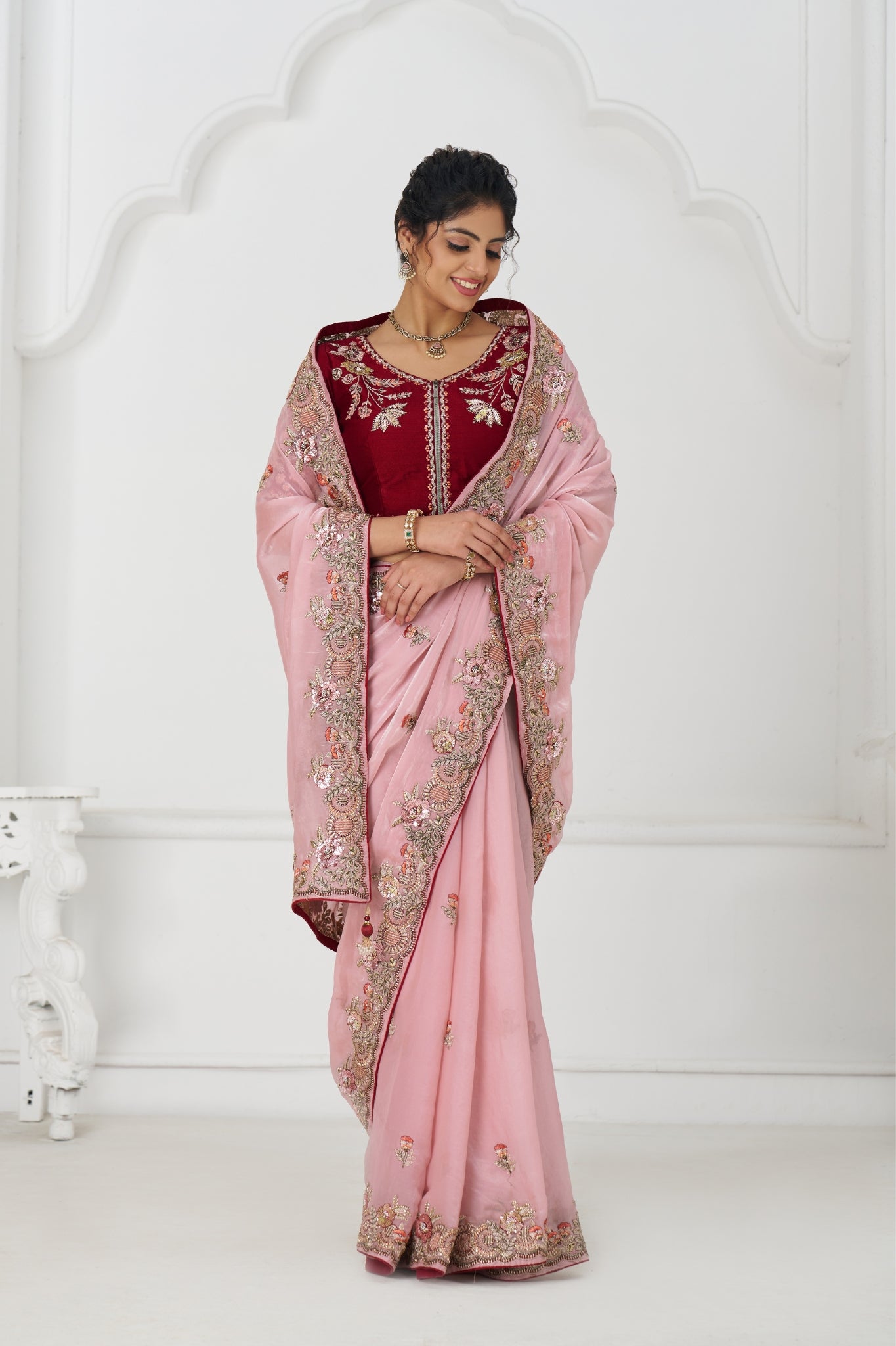 Pink Stylish Pure Fendi Silk Designer Saree