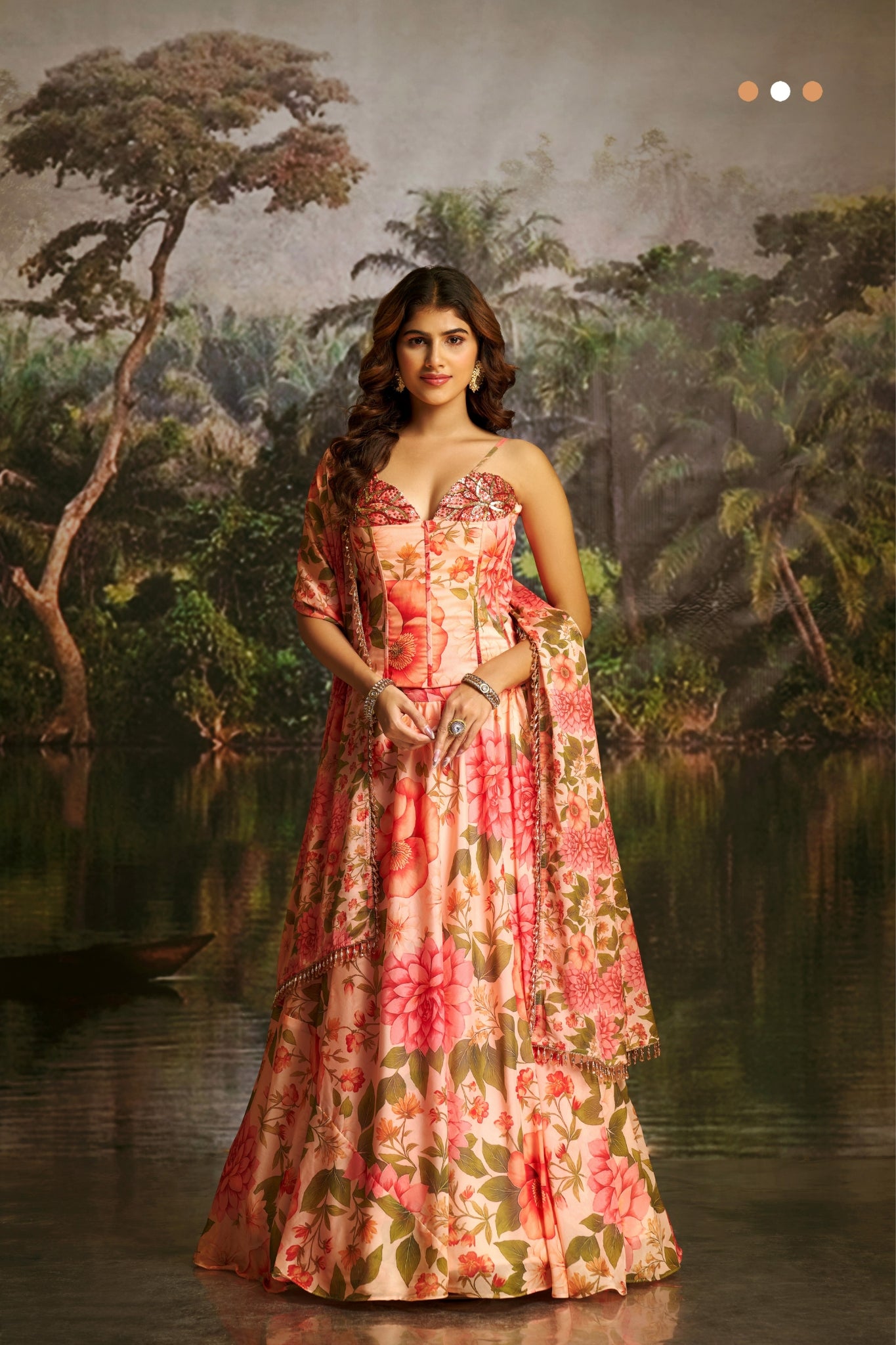 Peach Handwork Designer Corset Lehenga Set With Floral Prints