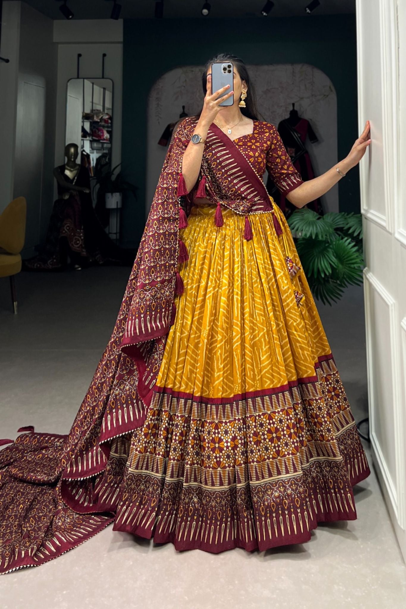 Bandhej With Ajarakh Print Silk Lehenga Choli