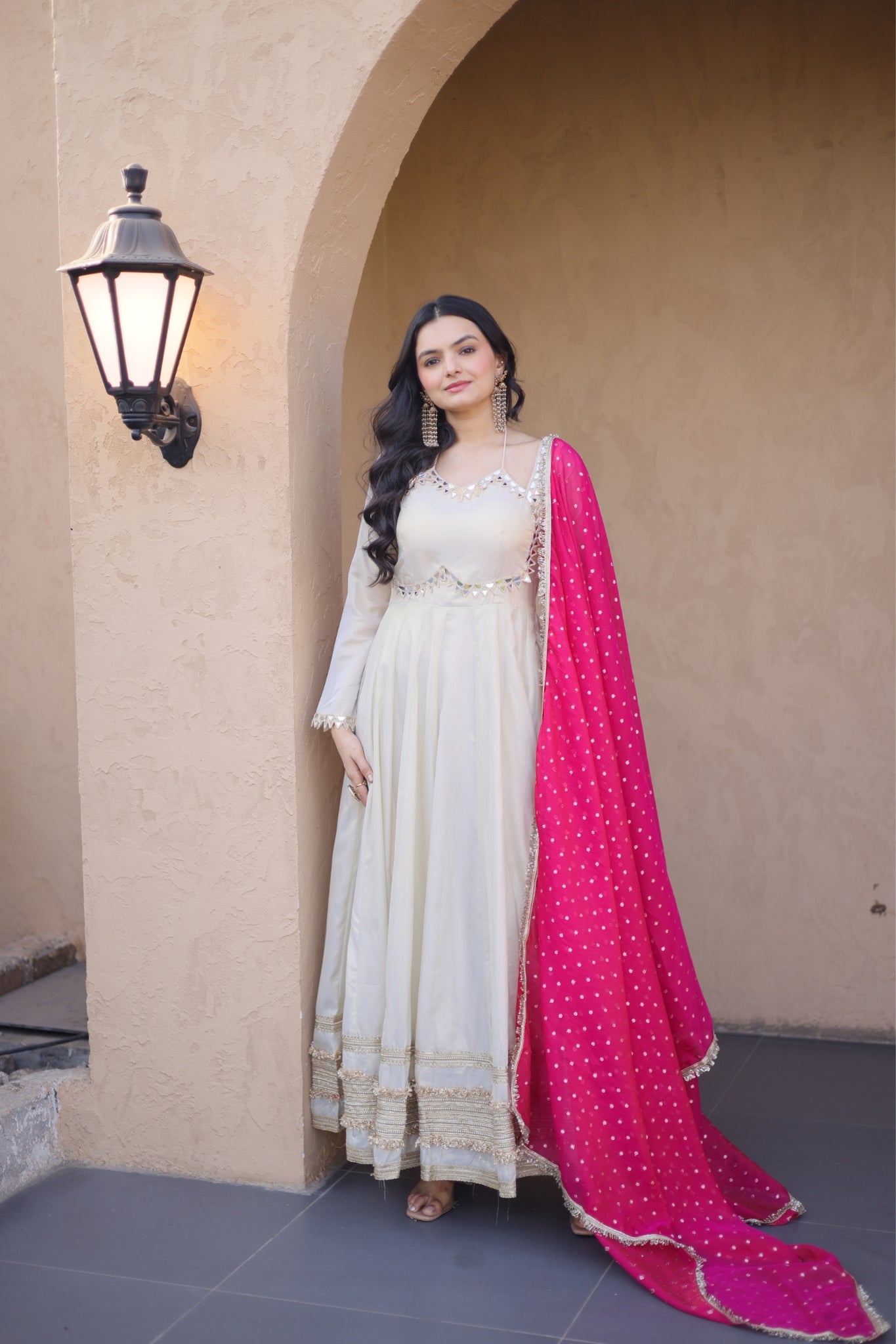Cosmos Real Mirror Work Designer Embroidered Anarkali Gown With Dupatta