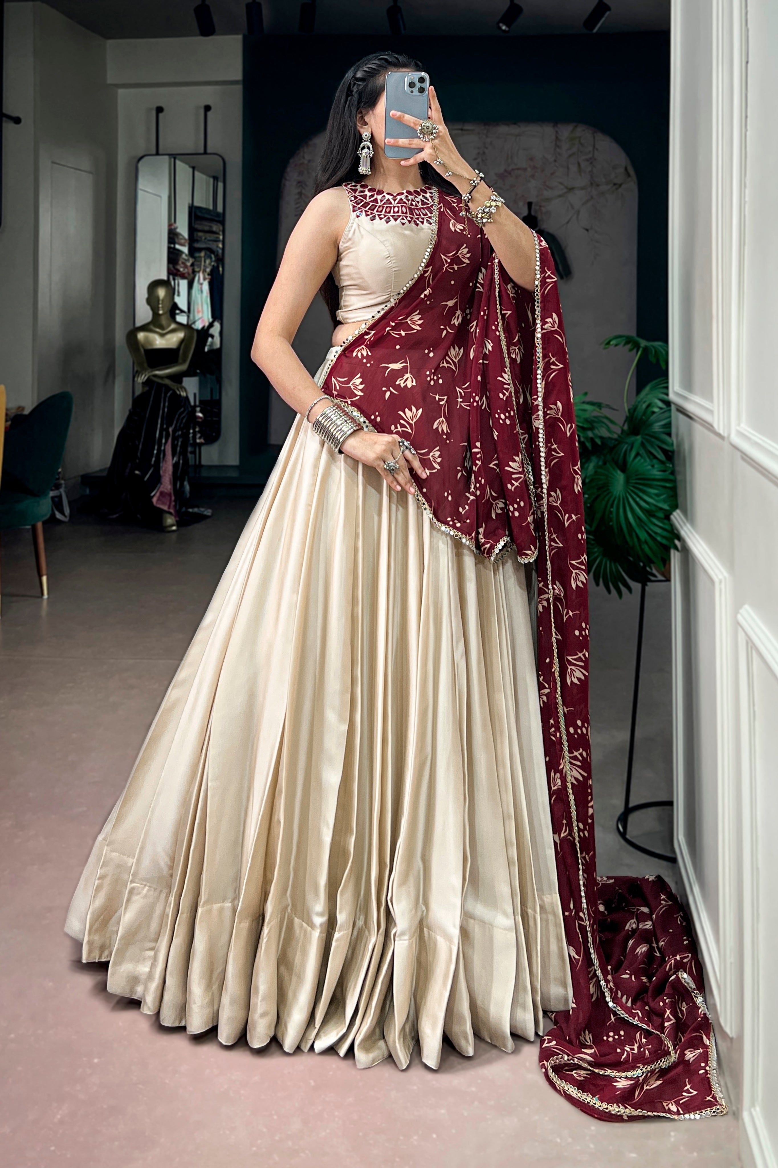 Navratri Special Lehenga Choli With Real Mirror Work Blouse & Maroon Beautiful Printed Dupatta