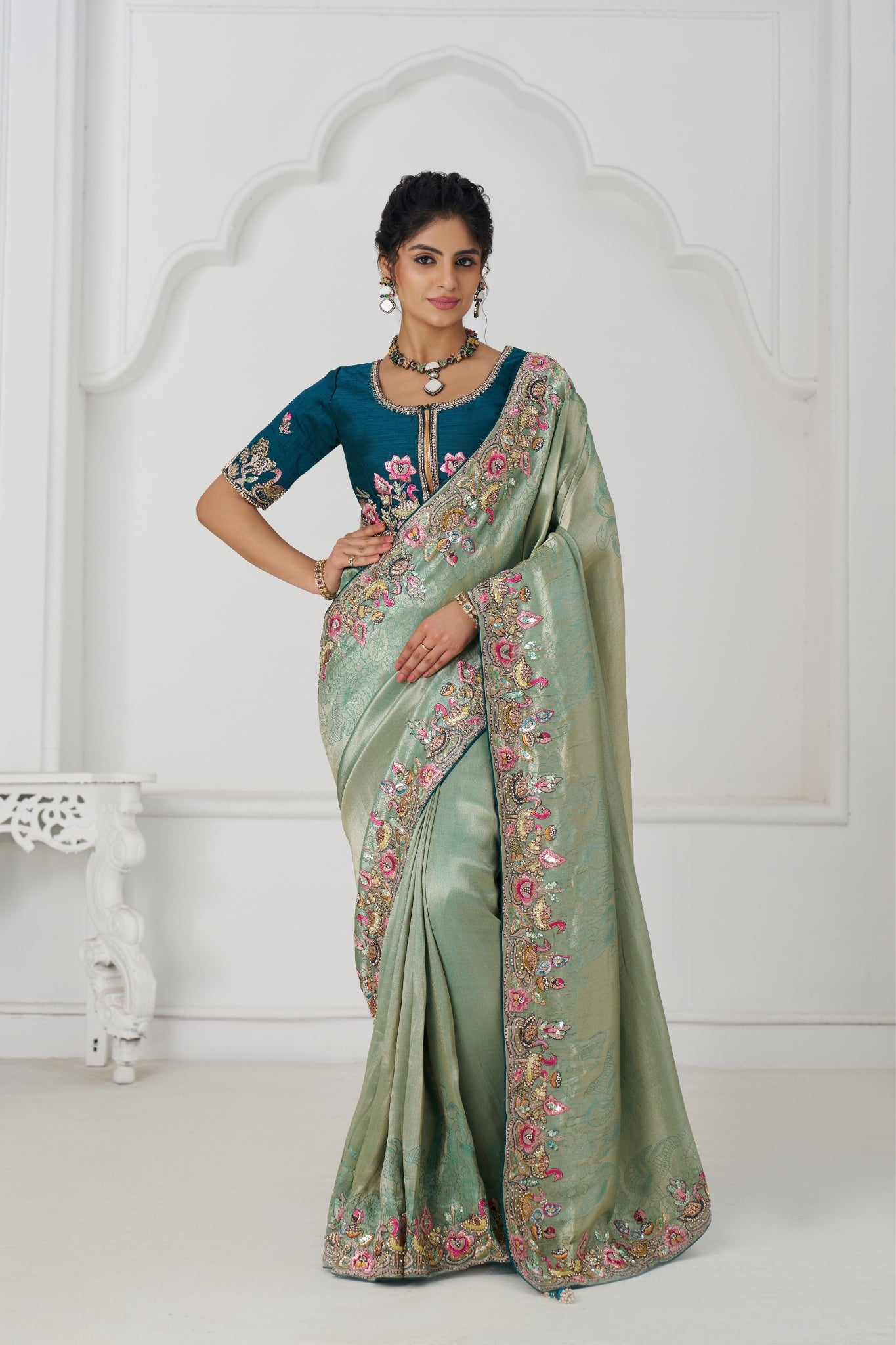 Green Luxury Wedding Saree With Multi-Thread Bead Embroidery & Sequin Work