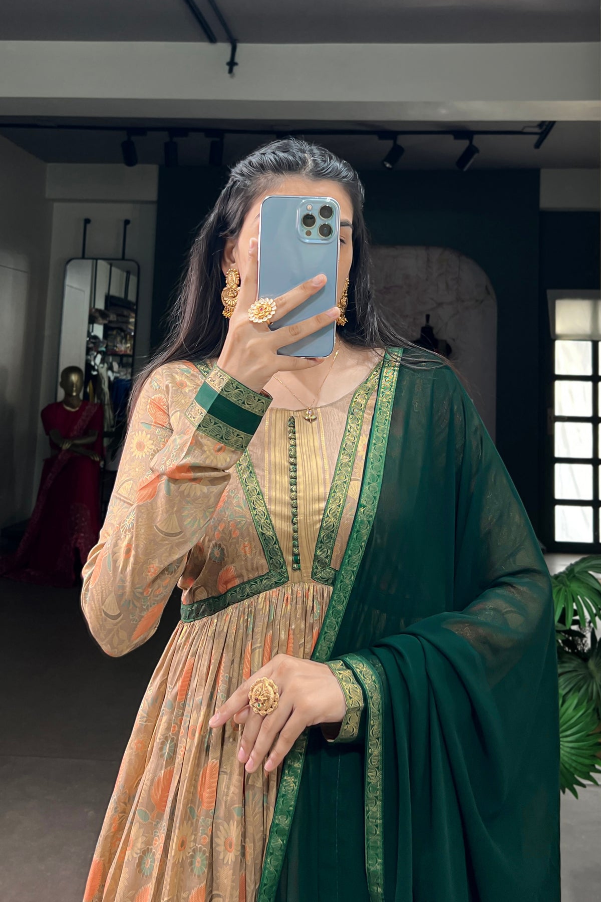 Tasar Silk Floral Print Anarkali Dress with Foil Work & Georgette Lace Border Dupatta
