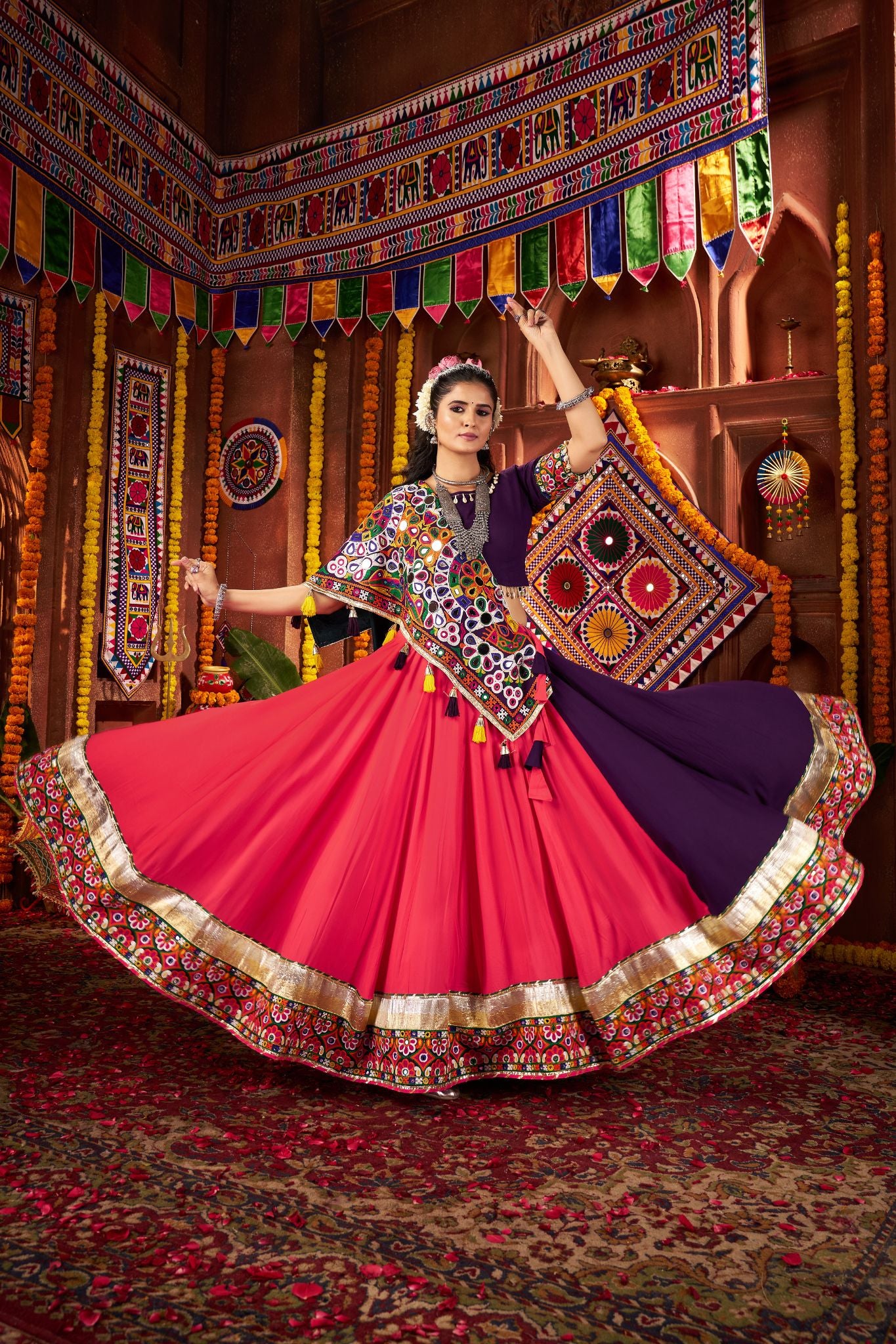 Multi Color Traditional Navratri Lehenga Choli With Mirror And Lampi Work