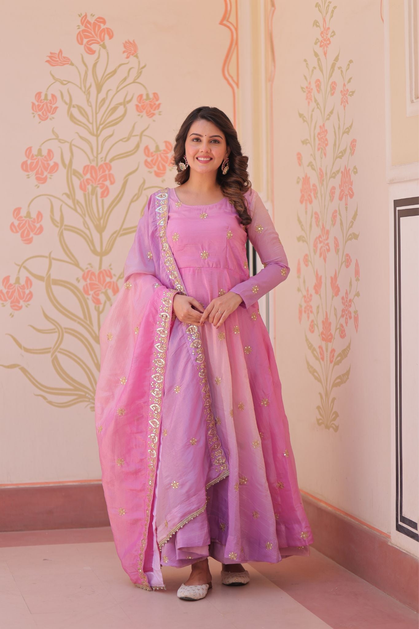 Organza Sequins Multi Embroidered Work Designer Gown With Dupatta