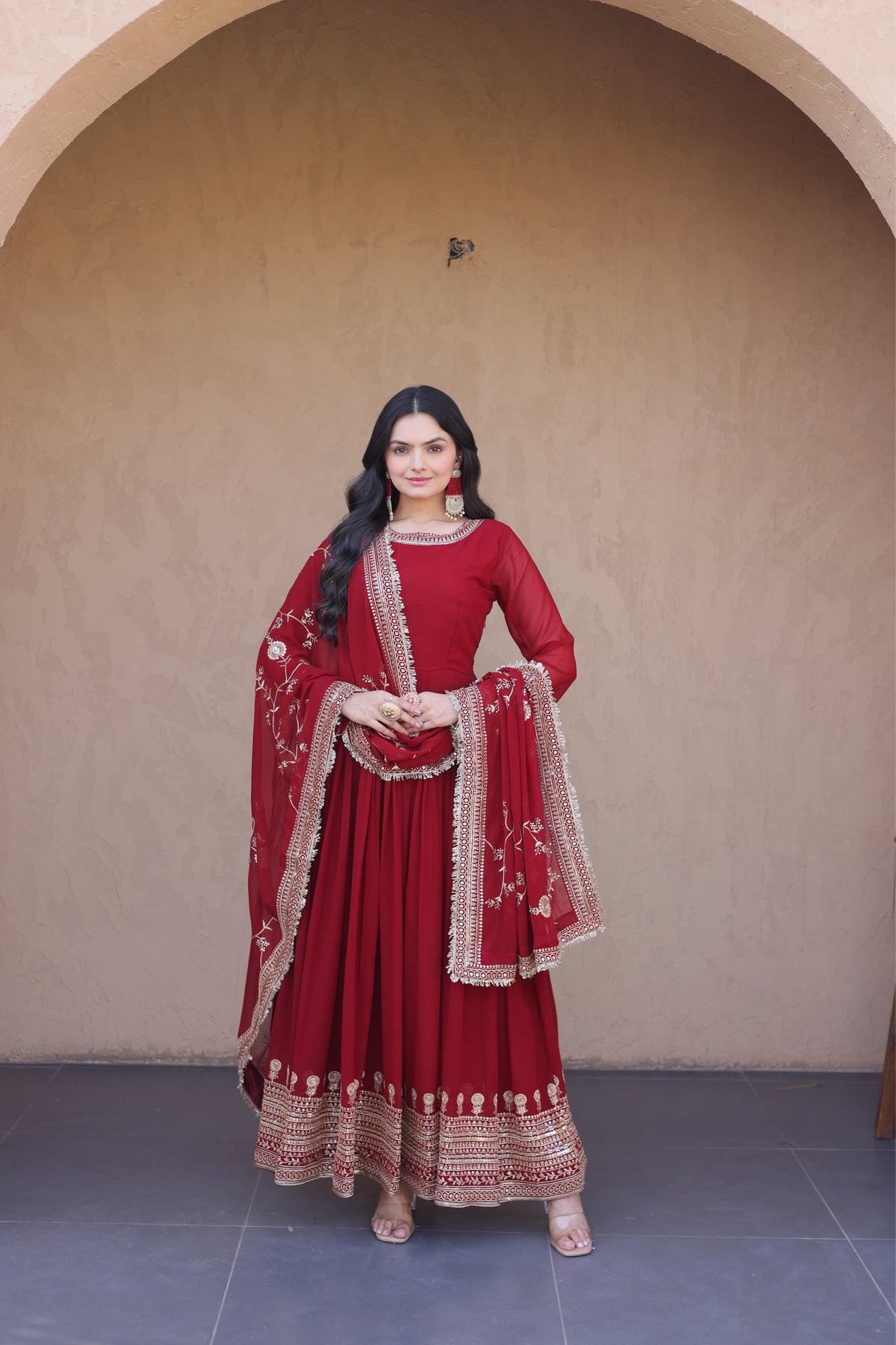 Maroon Designer Anarkali Gown with Dupatta Set