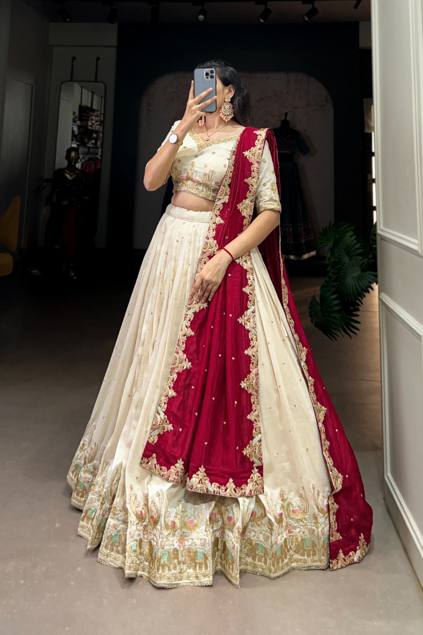 Sequins Thread Embroidery Work Off White Wedding Lehenga Choli