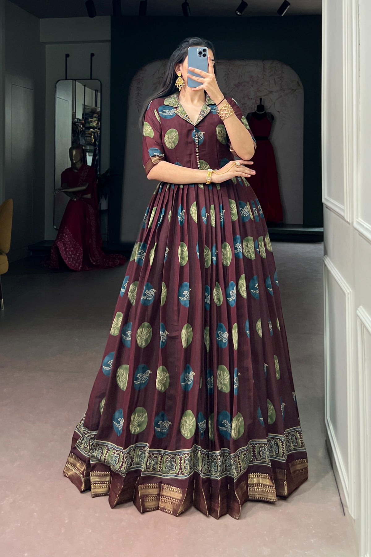 Designer Chanderi Printed Gown For Festive Wear