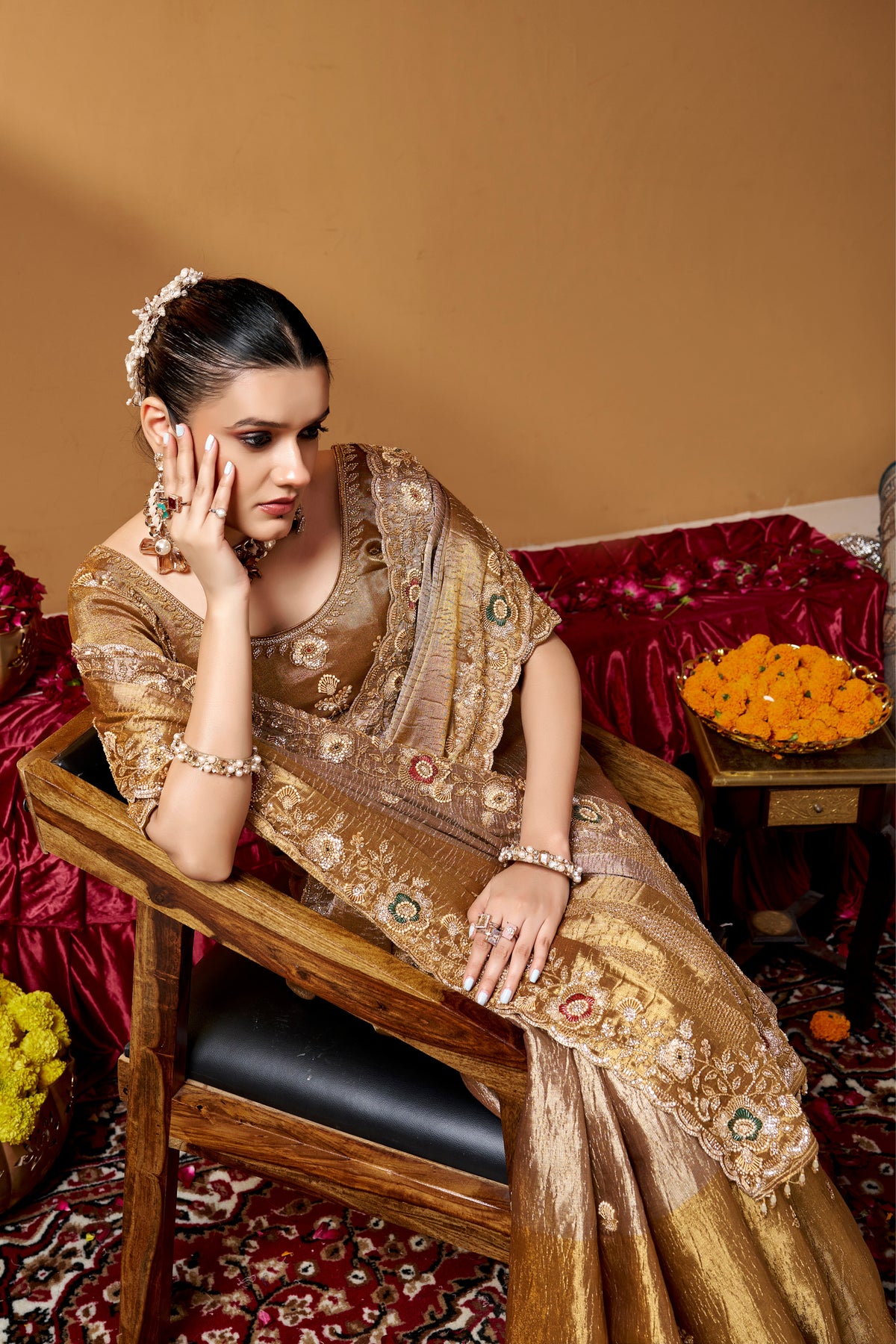 Kanjivaram Zari Tissue Designer Hand Embroider And Tube Beads Wedding Saree