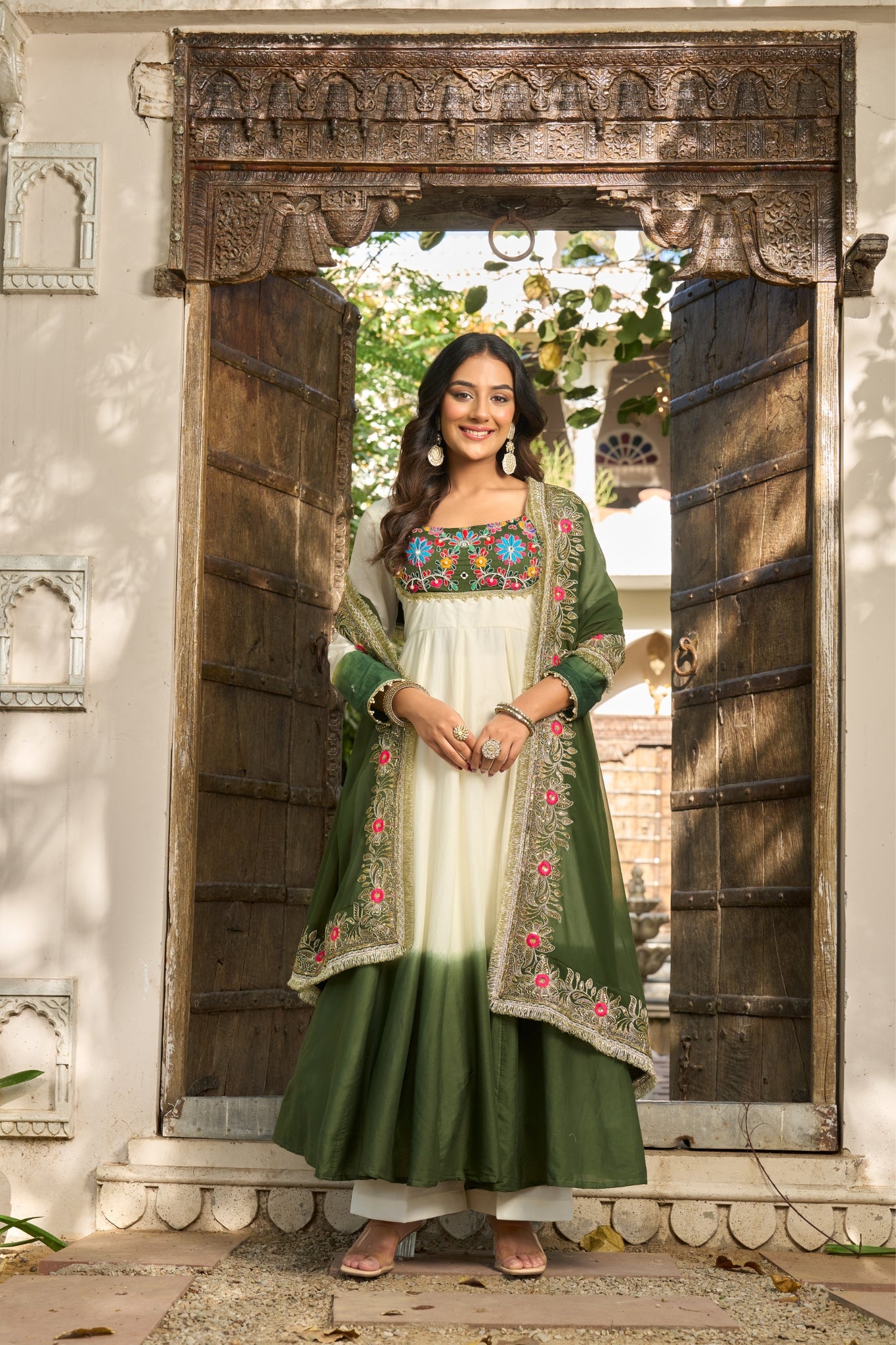 Designer Mul Chanderi Anarkali Suit Set With Palazzo Dupatta For Women