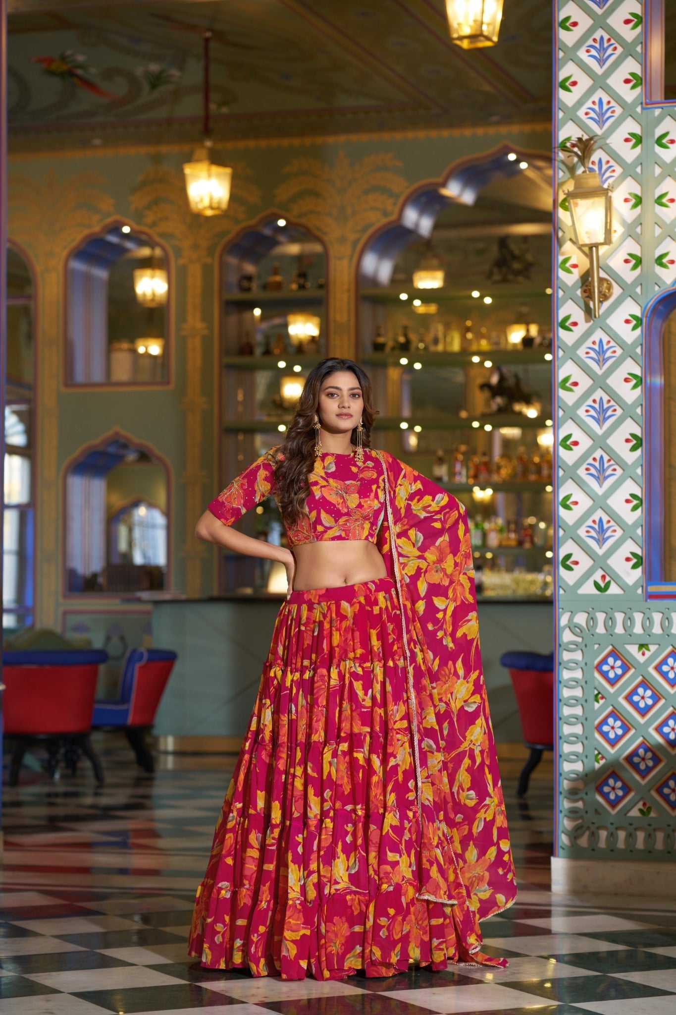 Floral Marble Print Lehenga Choli Set For Women