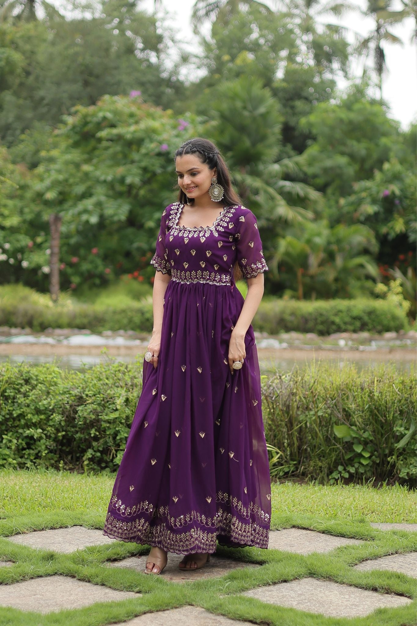 Luxury Zari Thread Sequins Embroidery Work Gown