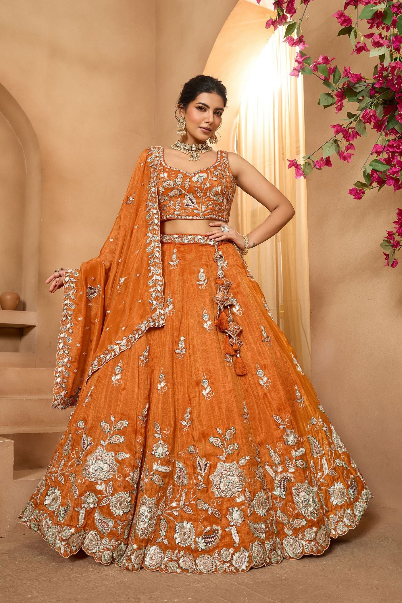 Rust Orange Pure Tissue Designer Lehenga Choli with Heavy Embroidery