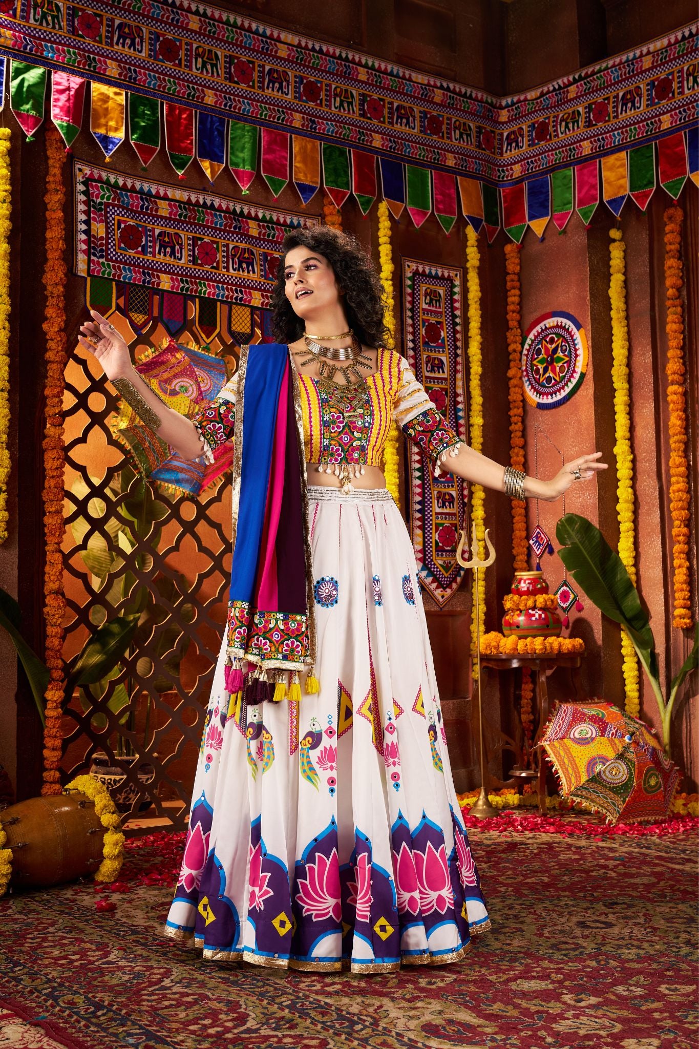 Designer White Navratri Lehenga Choli With Mirror And Hand Embroidery Work