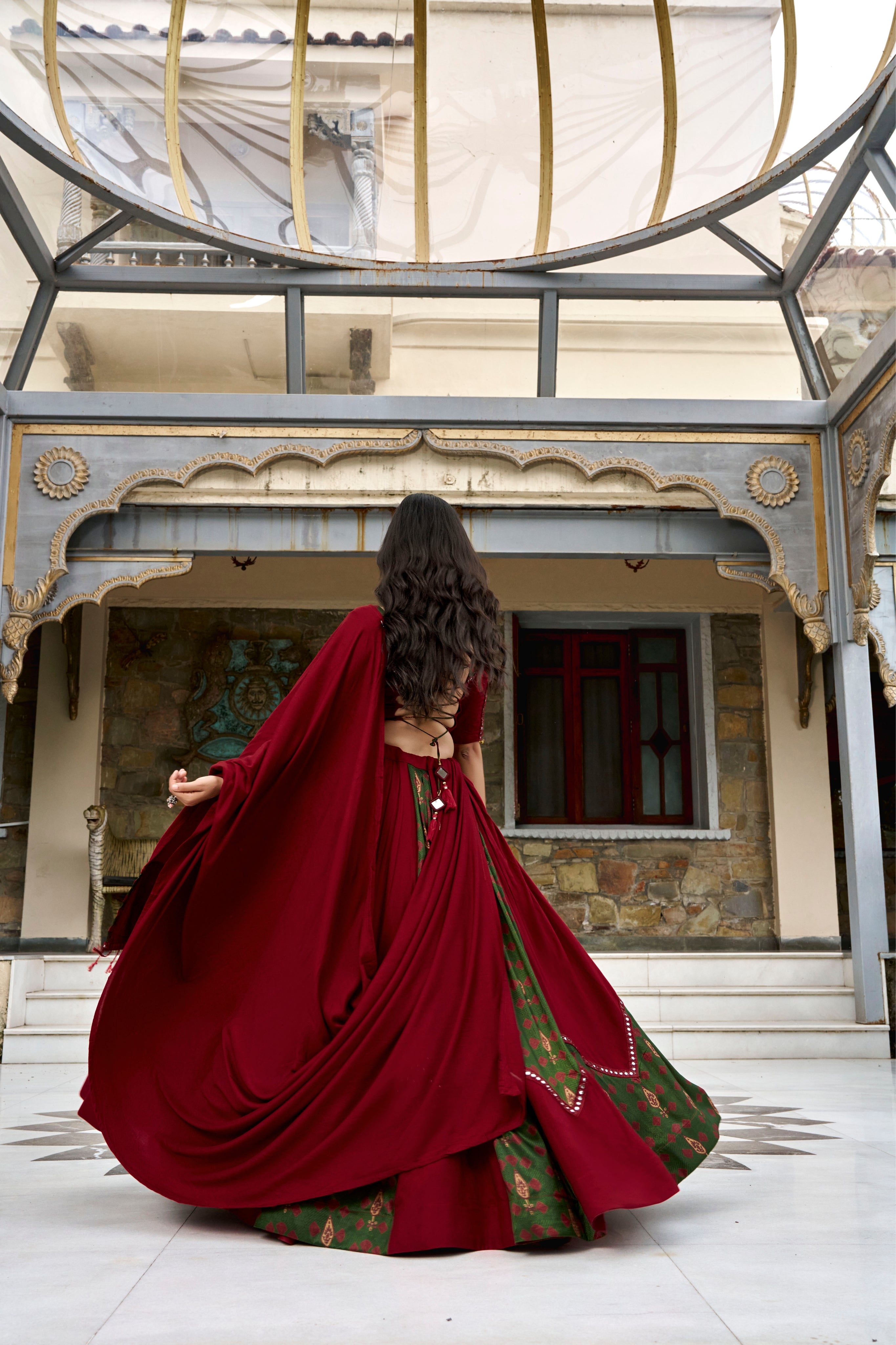 Navratri Special Raasrang Designer Maroon & Green Ajrakh Print PureRayon Lehenga Choli