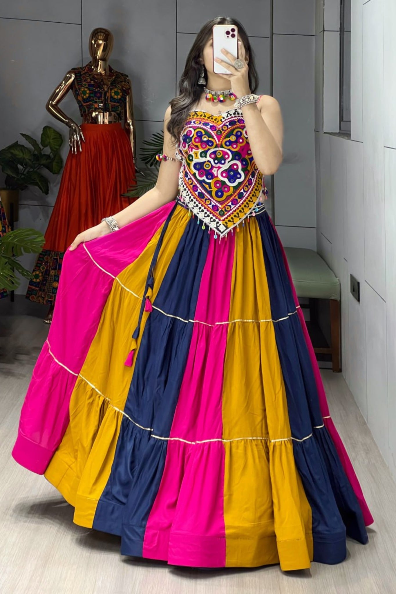 New Multicolor Frilled Pattern Real Mirror Work Navratri Chaniya Choli For Women