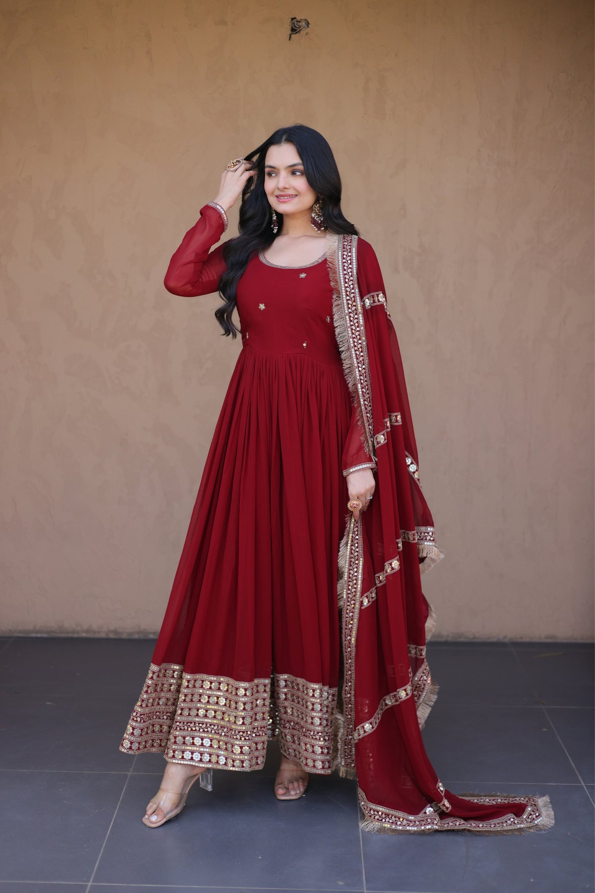 Designer Faux Blooming Anarkali Gown With Dupatta Set