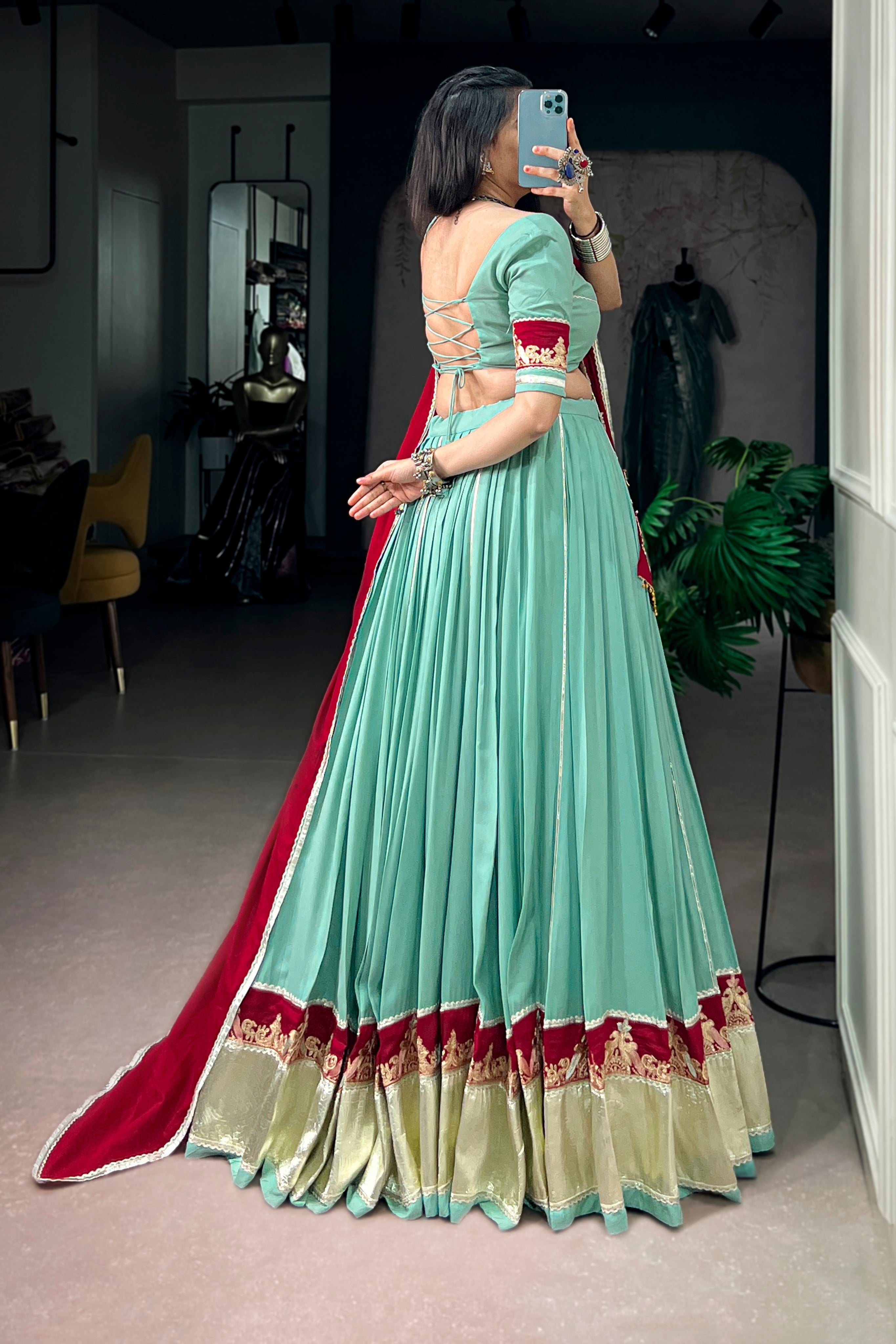 Sea Green Pure Rayon Navratri Special Designer Lehenga Choli With Maroon Embroidered Dupatta