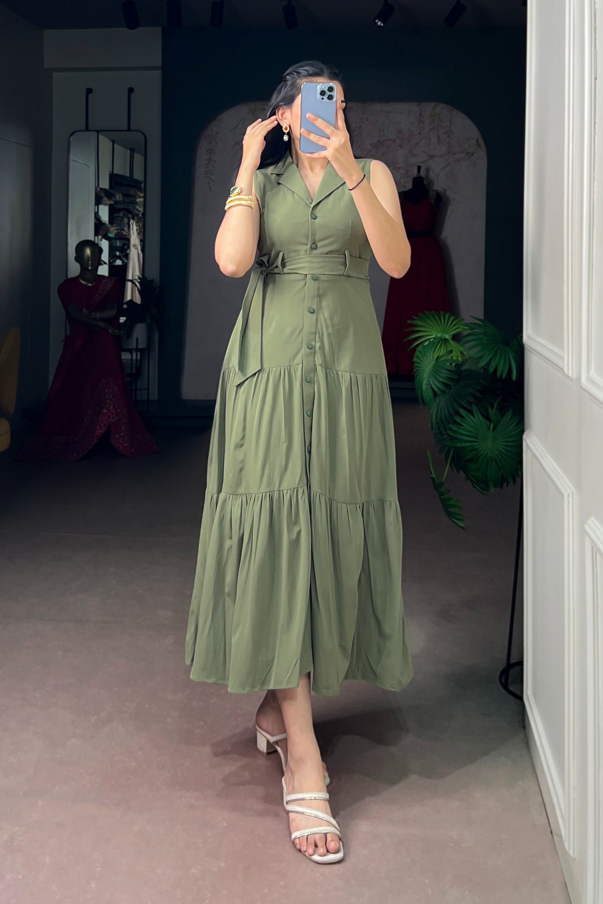 Olive Green Hemmer Silk Dress For Women