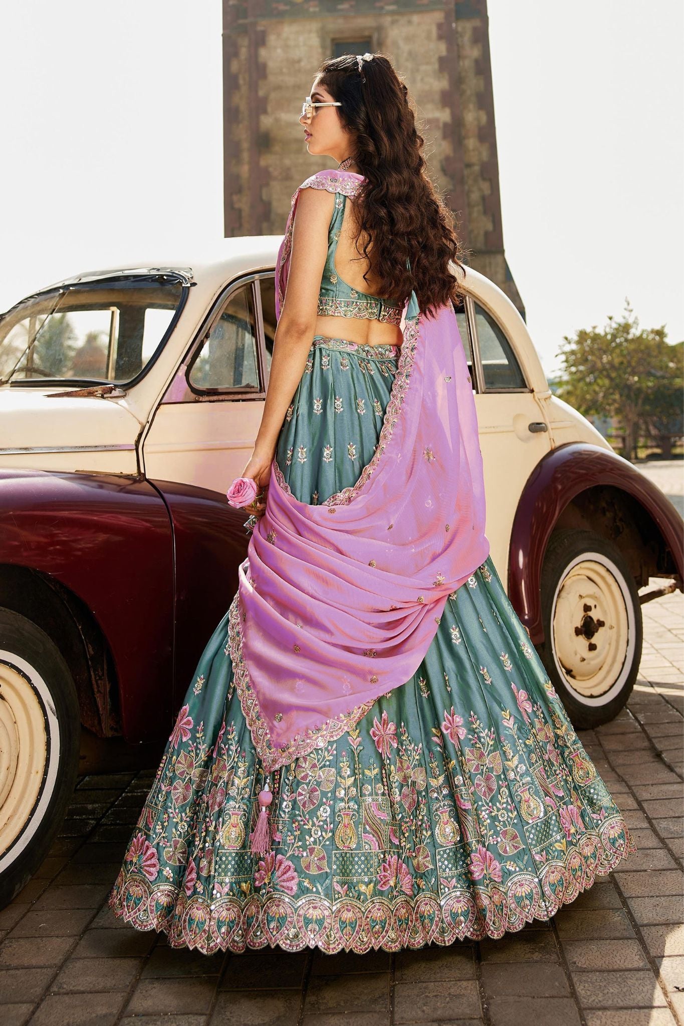 Teal Blue Rangoli Silk Designer Lehenga Choli With Pink Embroidered Dupatta