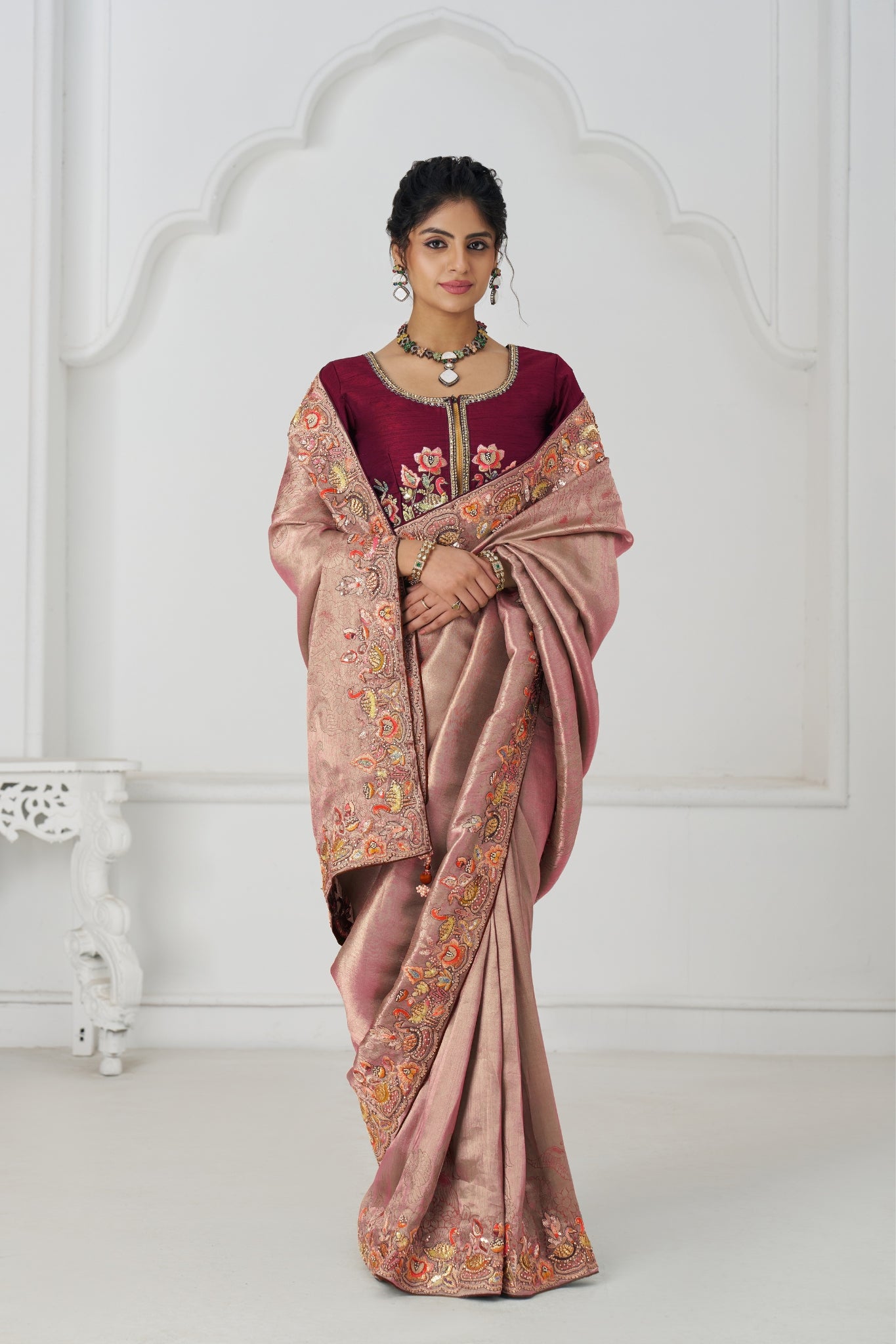 Pink Luxury Wedding Saree With Multi-Thread Bead Embroidery & Sequin Work