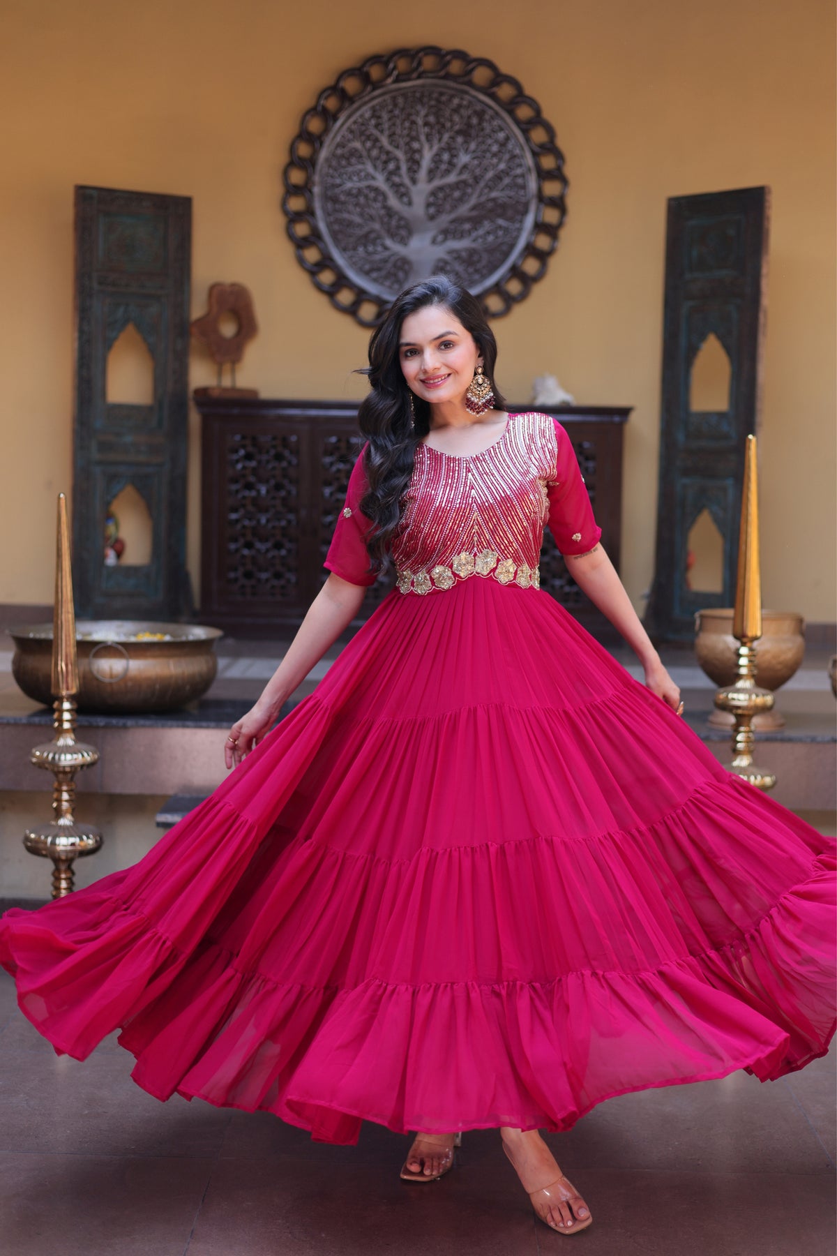 Rani Pink & Red Faux Blooming Designer Sequins Embroidered Tiered Flared Anarkali Gown