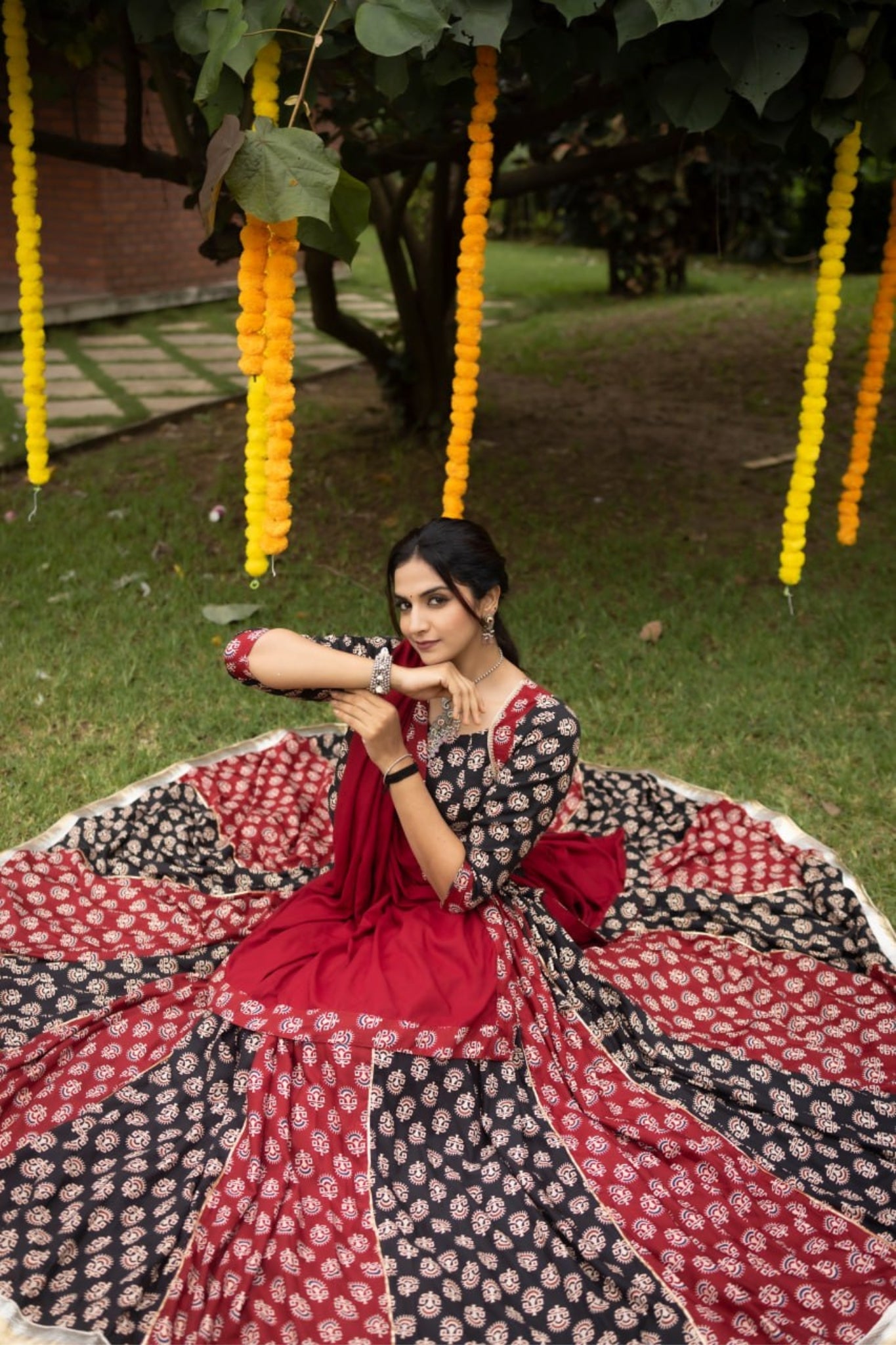 RaasRang Maroon Ajrakh Print Navratri Lehenga Choli For Women