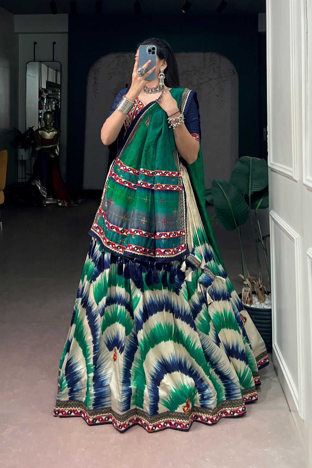Tasar Silk Tie & Dye With Gamthi Work Navratri Lehenga Choli