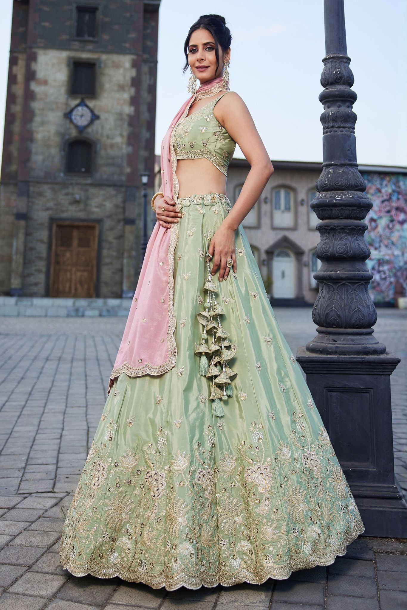 Pista Green Designer Art Silk Lehenga Choli With Zari Sequins & Dori Embroidery Work