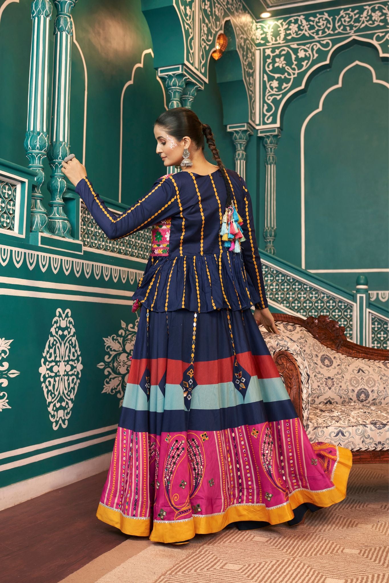 Navy Blue Stylish Poly Maska Silk Navratri Lehenga