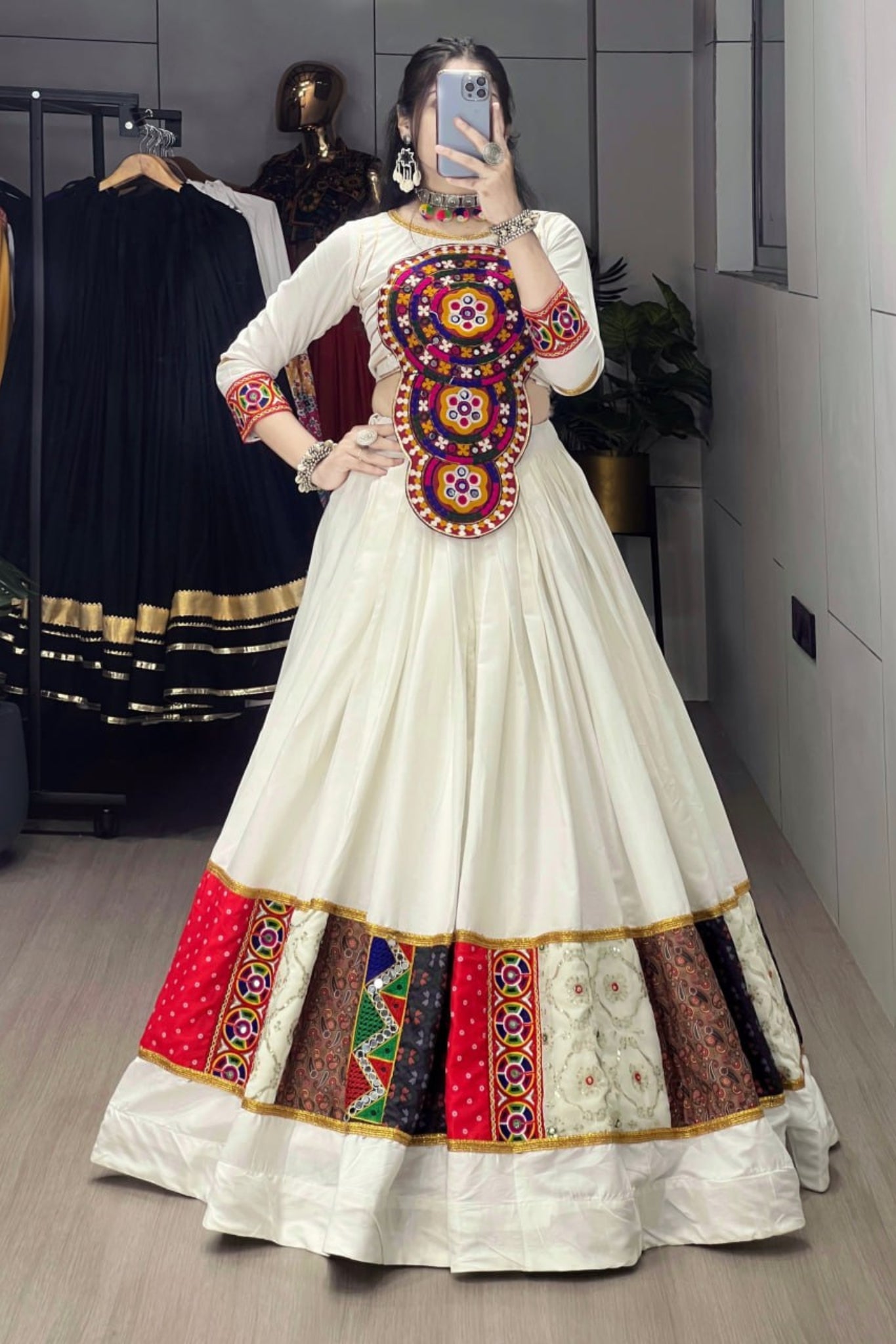 Designer White Multicolor Navratri Lehenga Choli For Women
