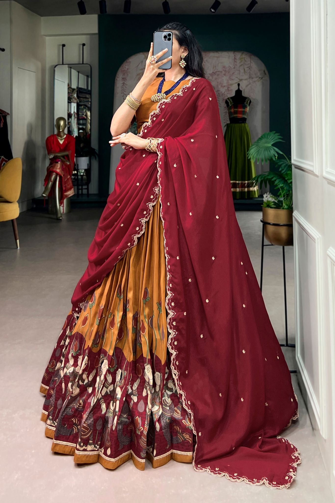 Designer Tasar Silk Kalamkari Print Wedding And Festive Lehenga Choli