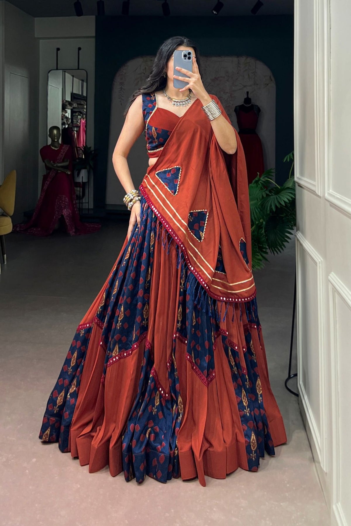 Rust Navy Navratri Designer Gamthi Mirror Work Lehenga Choli