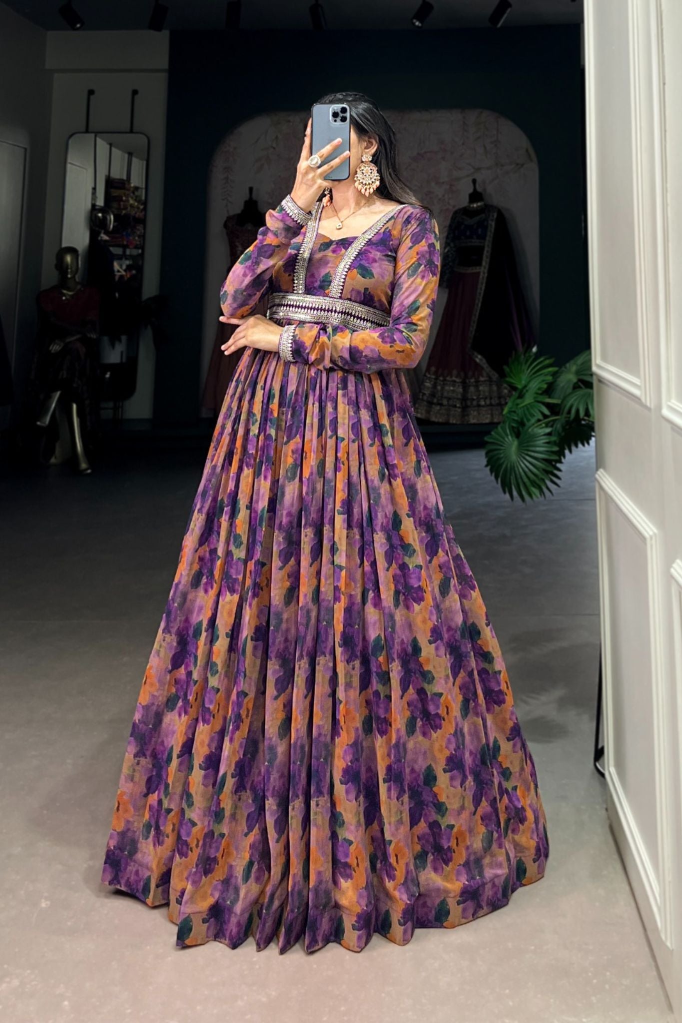 Georgette Floral Printed Purple Anarkali Gown