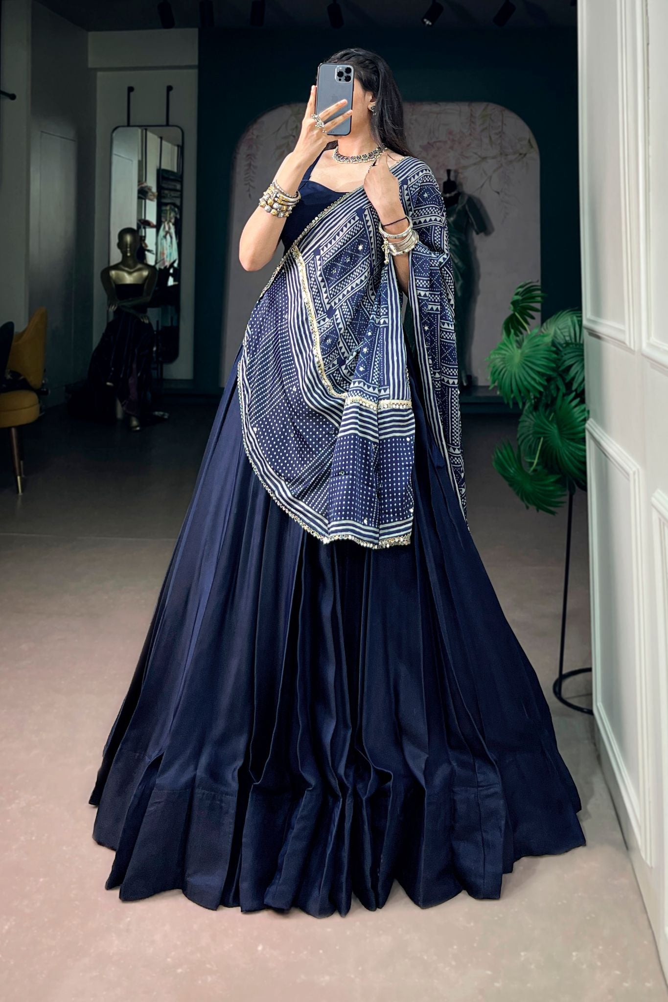 Navy Blue Navratri Designer Lehenga Choli With Printed Satin Dupatta