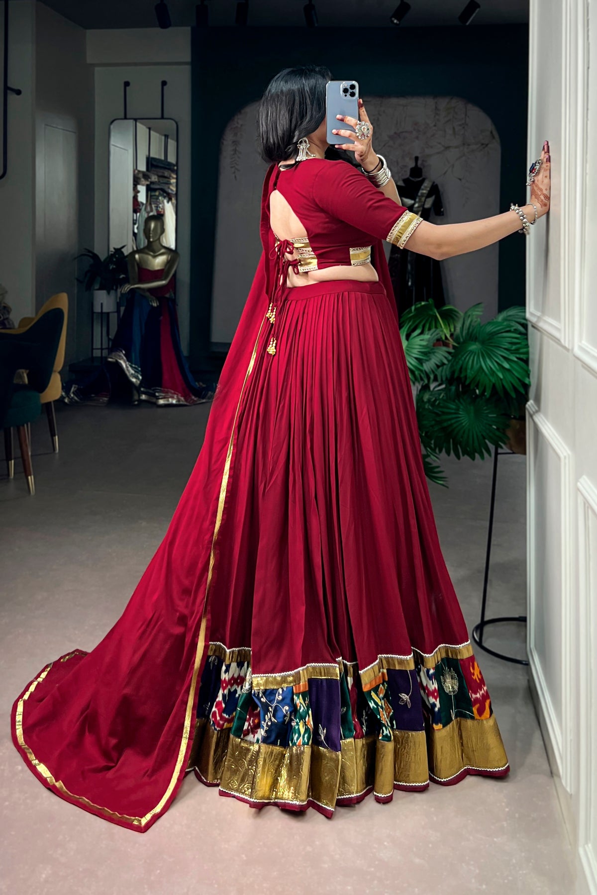 Maroon Rayon Designer Lehenga Choli With Multicolor Ikat Print Border